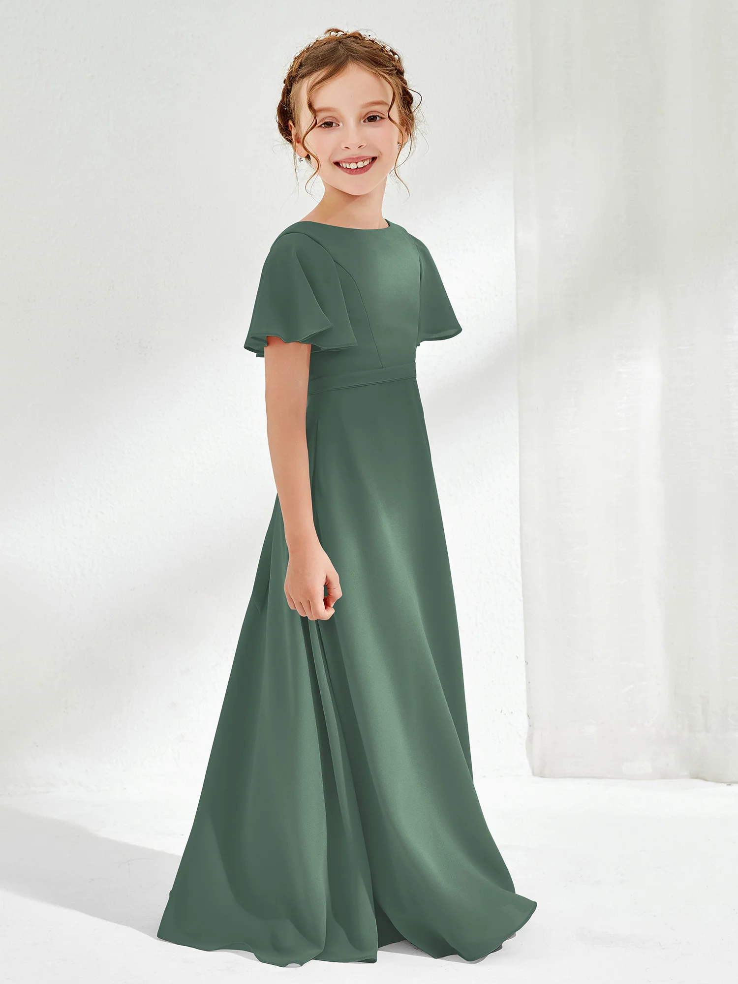 Flutter Sleeves A-line Chiffon Junior Bridesmaid Dress Eucalyptus - Image 3