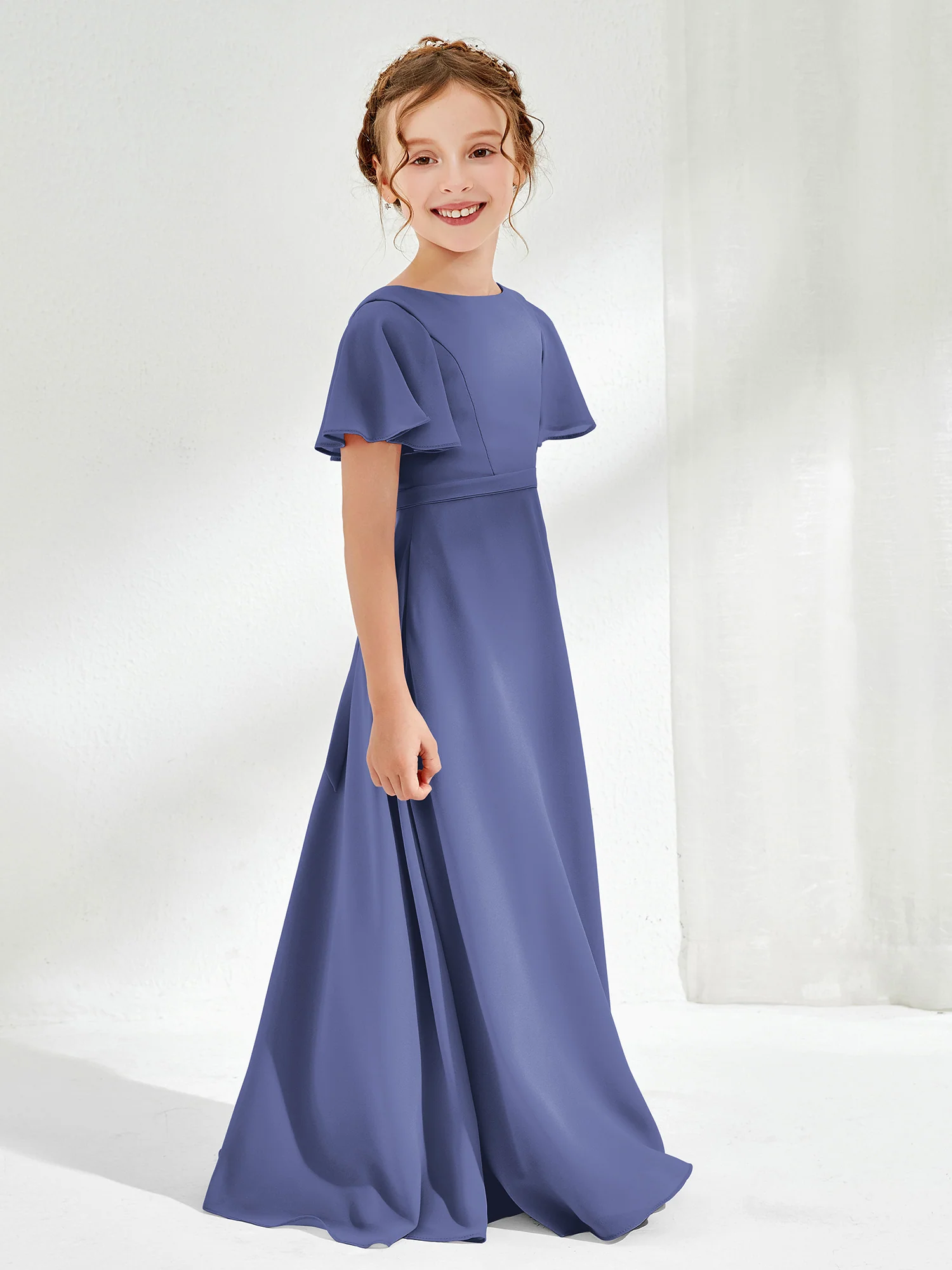 Flutter Sleeves A-line Chiffon Junior Bridesmaid Dress Periwinkle - Image 3