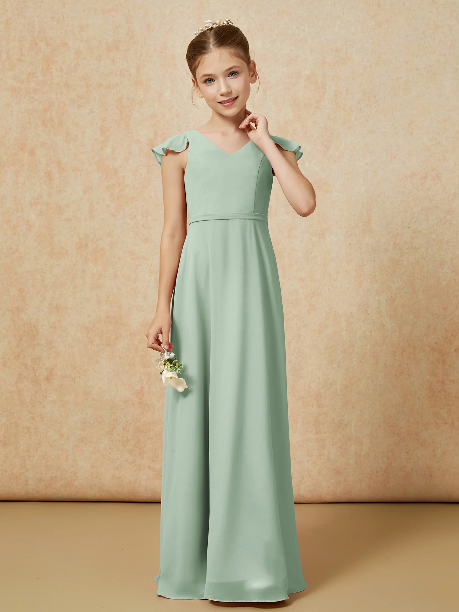 Flutter Sleeves Chiffon A-Line Junior Bridesmaid Dresses Agave - Image 4