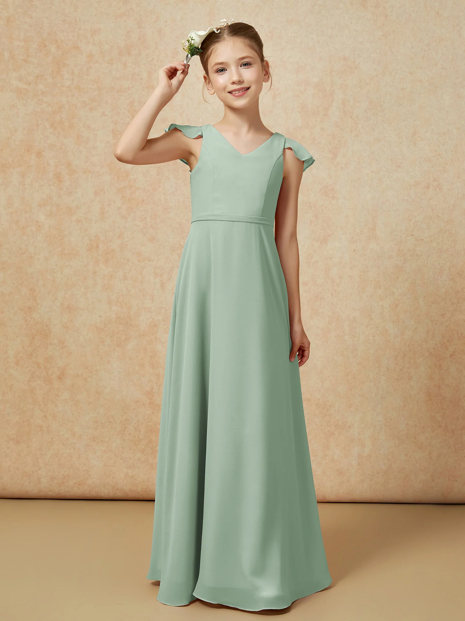 Flutter Sleeves Chiffon A-Line Junior Bridesmaid Dresses Agave - Image 6