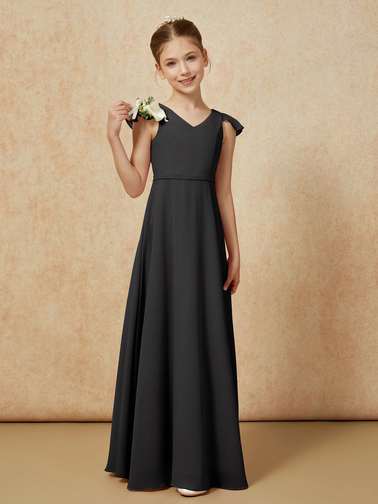 Flutter Sleeves Chiffon A-Line Junior Bridesmaid Dresses Black