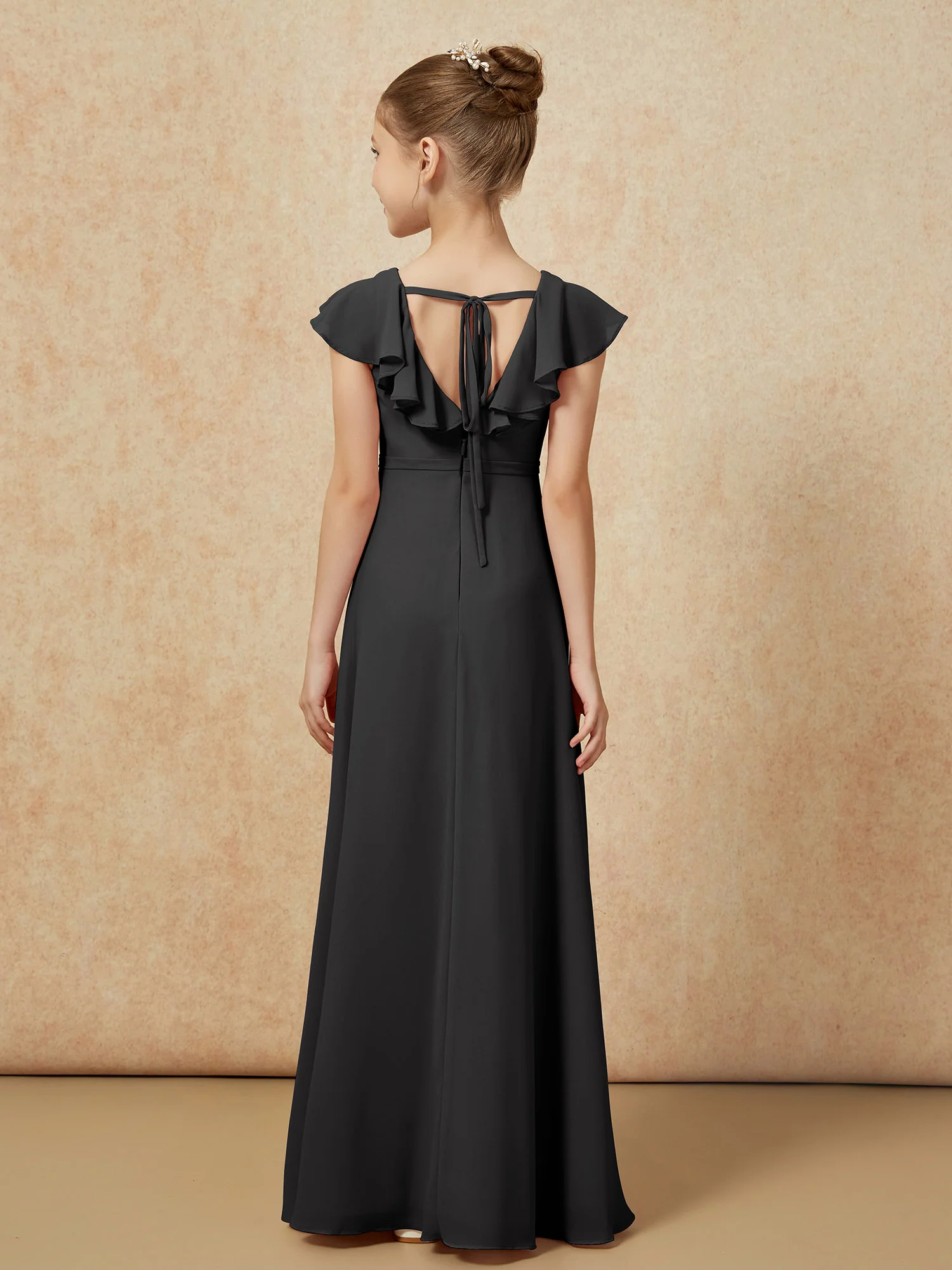 Flutter Sleeves Chiffon A-Line Junior Bridesmaid Dresses Black - Image 2