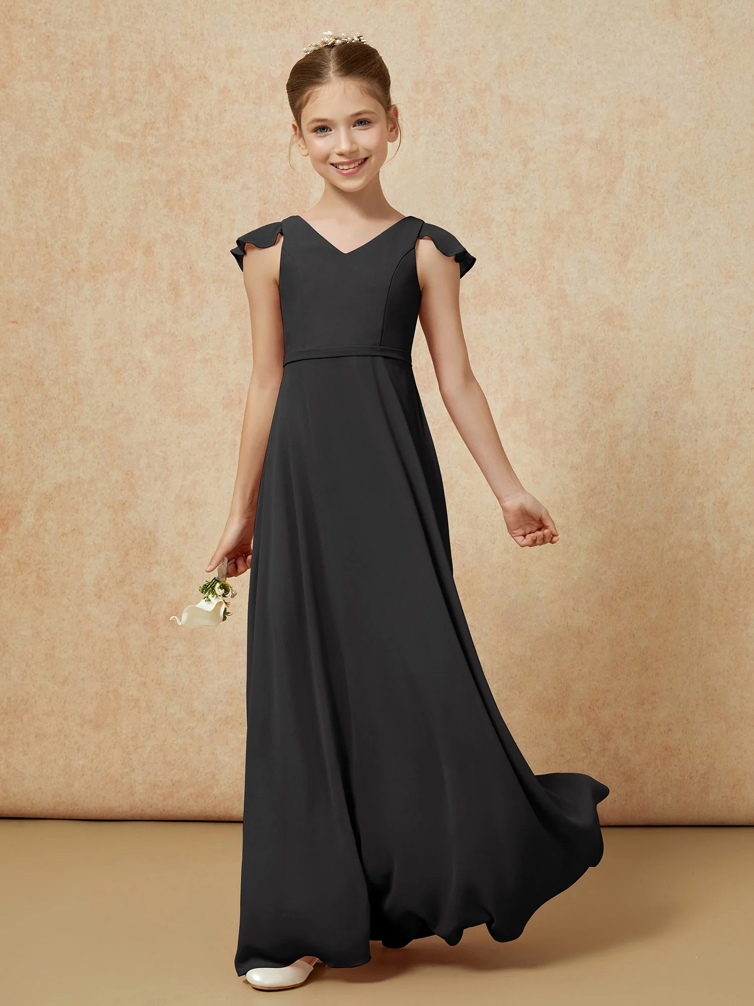 Flutter Sleeves Chiffon A-Line Junior Bridesmaid Dresses Black - Image 3
