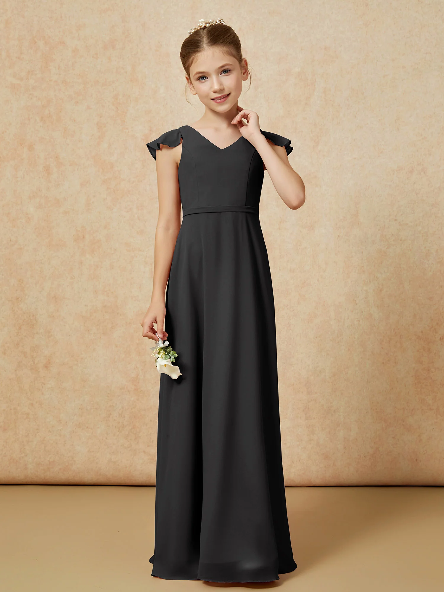 Flutter Sleeves Chiffon A-Line Junior Bridesmaid Dresses Black - Image 4