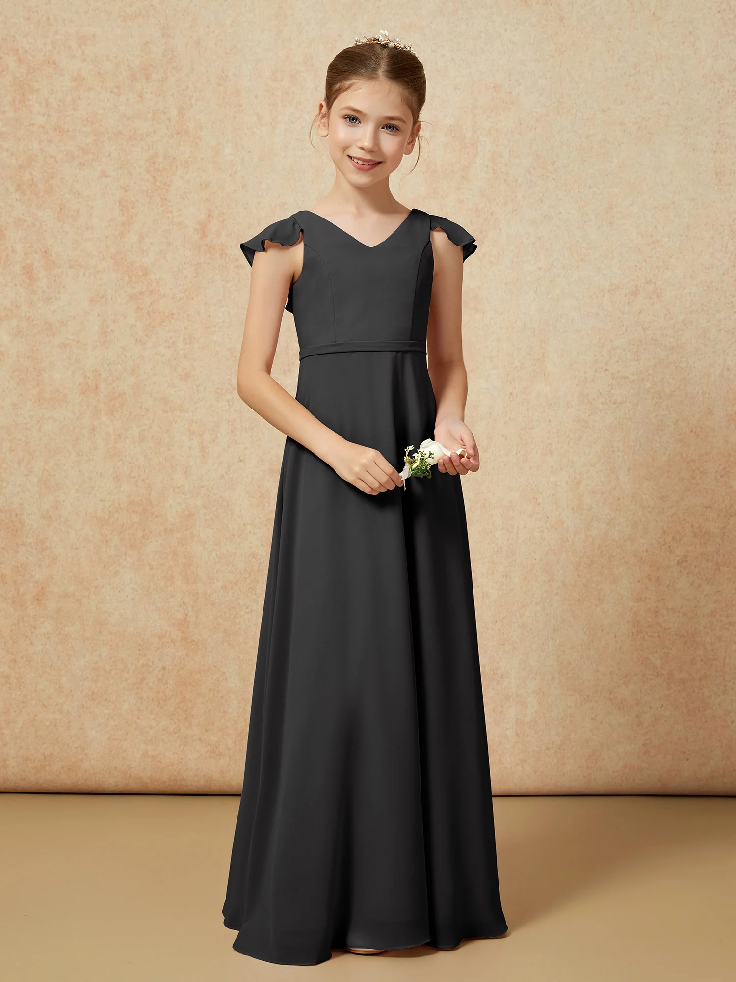 Flutter Sleeves Chiffon A-Line Junior Bridesmaid Dresses Black - Image 5