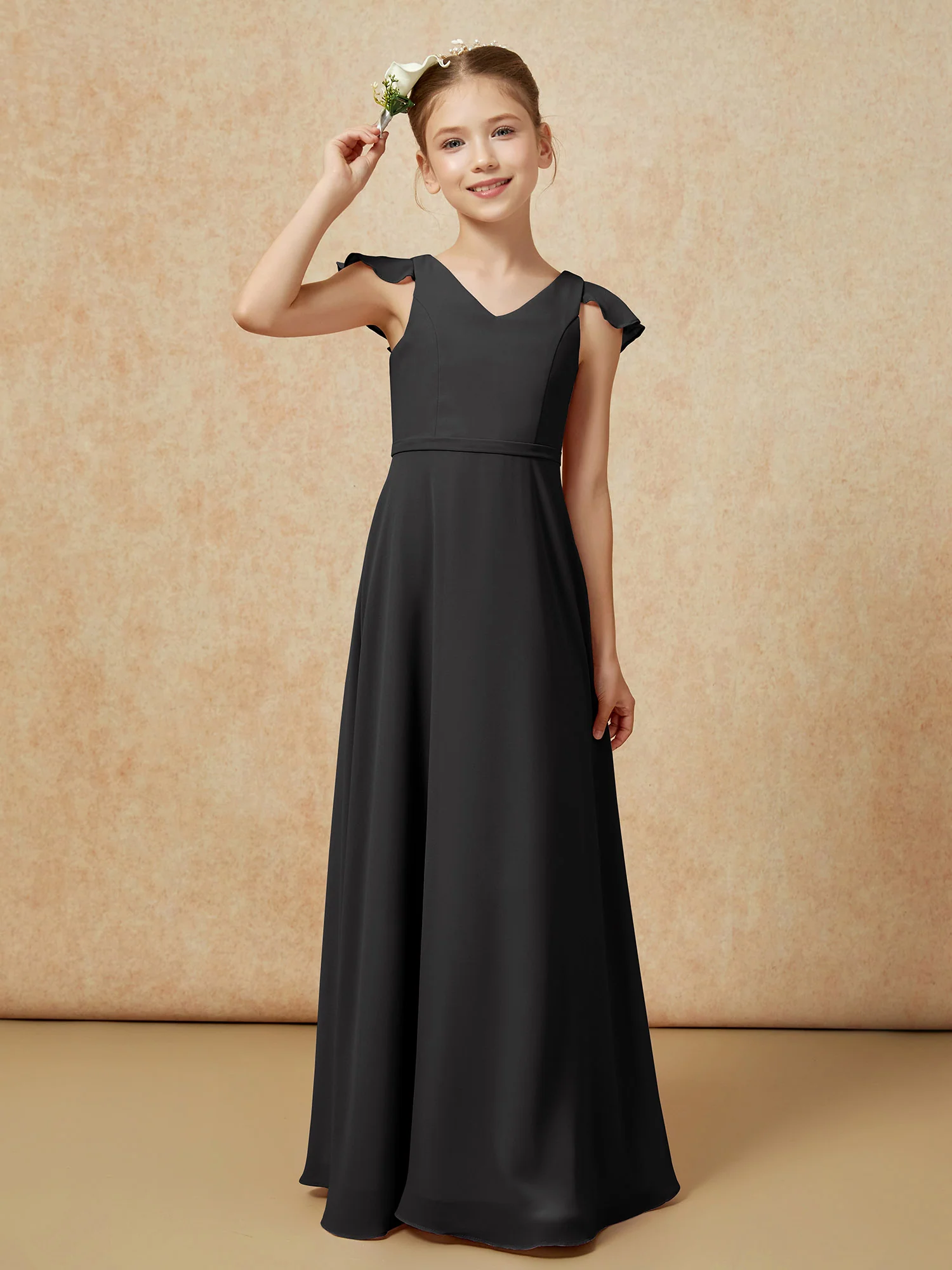 Flutter Sleeves Chiffon A-Line Junior Bridesmaid Dresses Black - Image 6