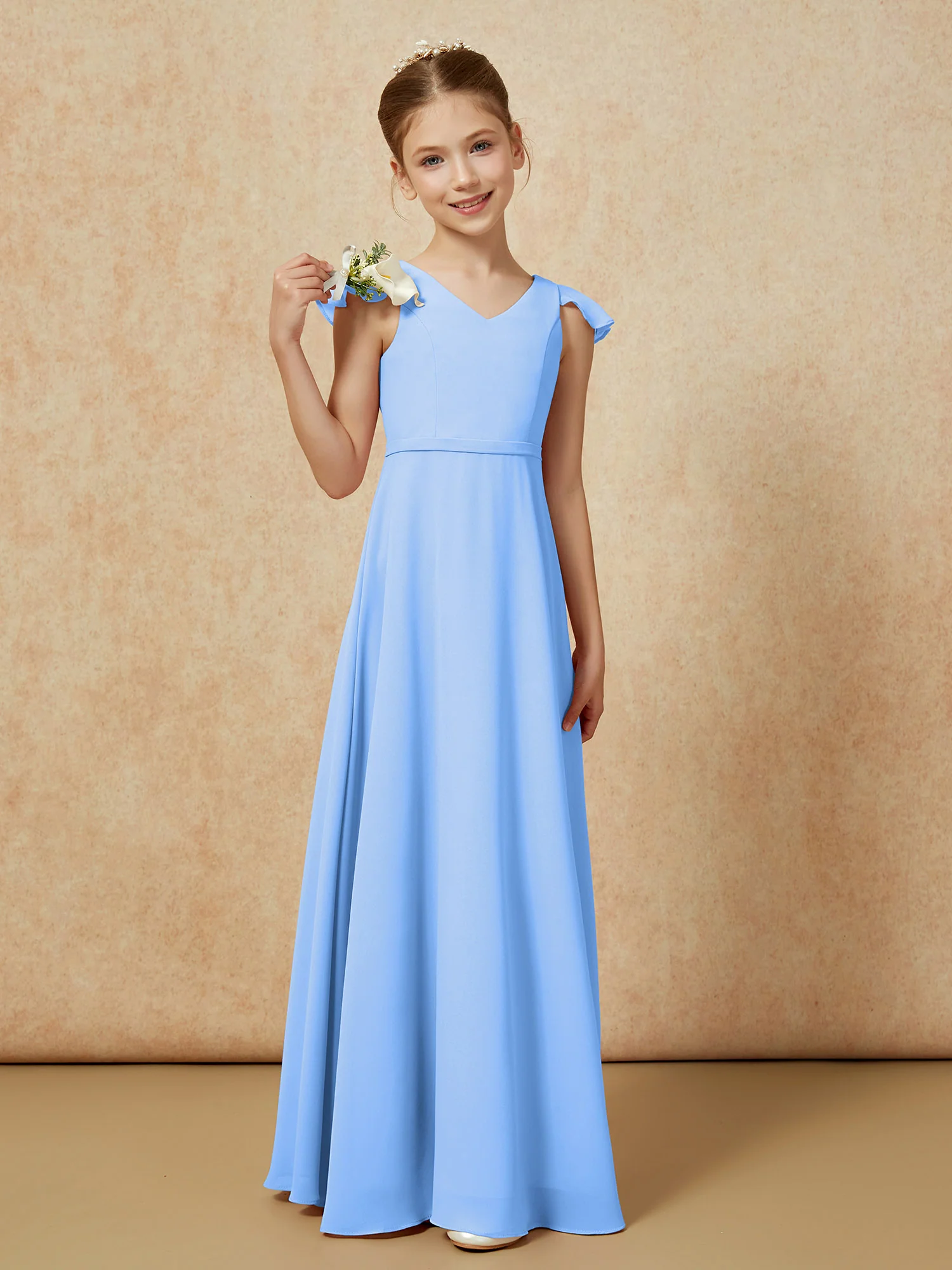 Flutter Sleeves Chiffon A-Line Junior Bridesmaid Dresses Blue