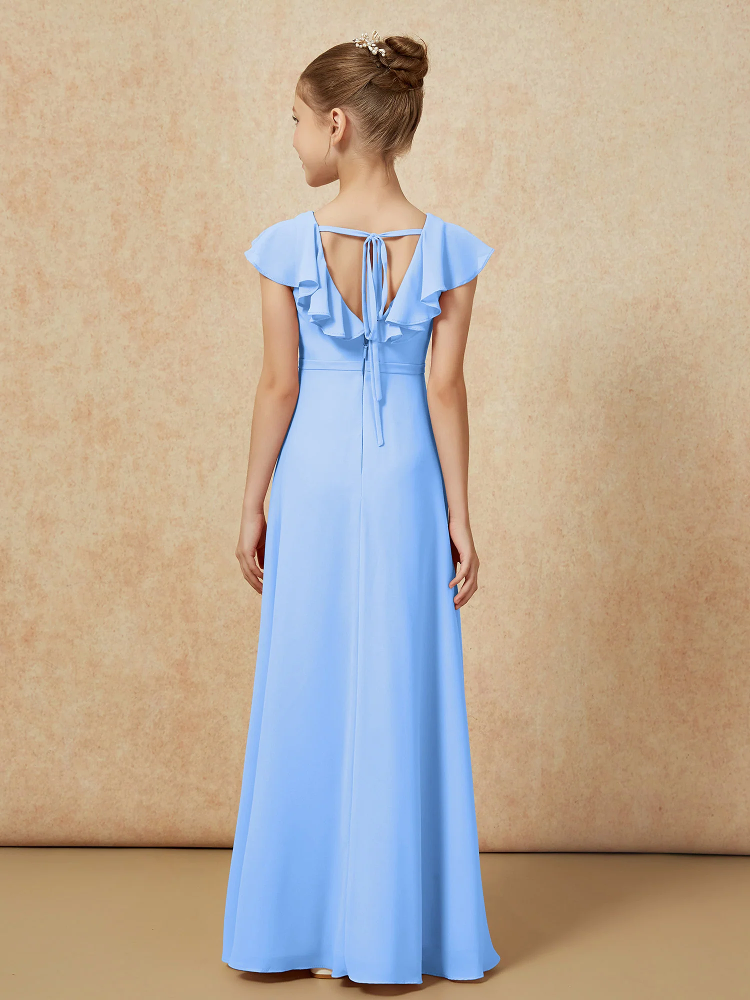 Flutter Sleeves Chiffon A-Line Junior Bridesmaid Dresses Blue - Image 2