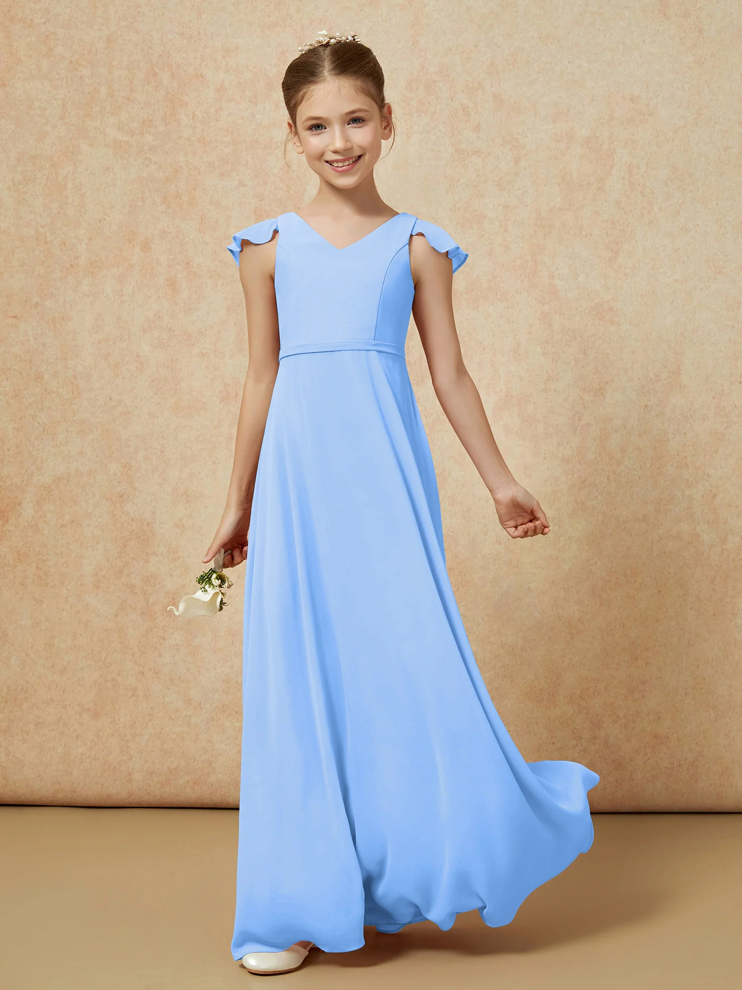Flutter Sleeves Chiffon A-Line Junior Bridesmaid Dresses Blue - Image 3