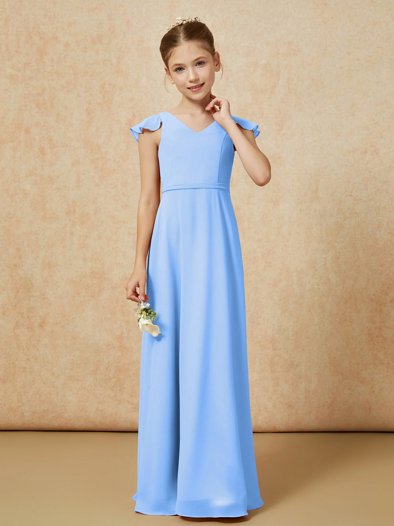 Flutter Sleeves Chiffon A-Line Junior Bridesmaid Dresses Blue - Image 4