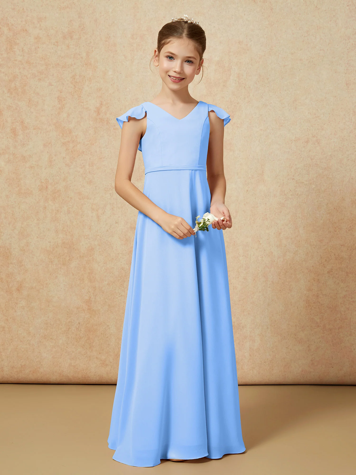 Flutter Sleeves Chiffon A-Line Junior Bridesmaid Dresses Blue - Image 5