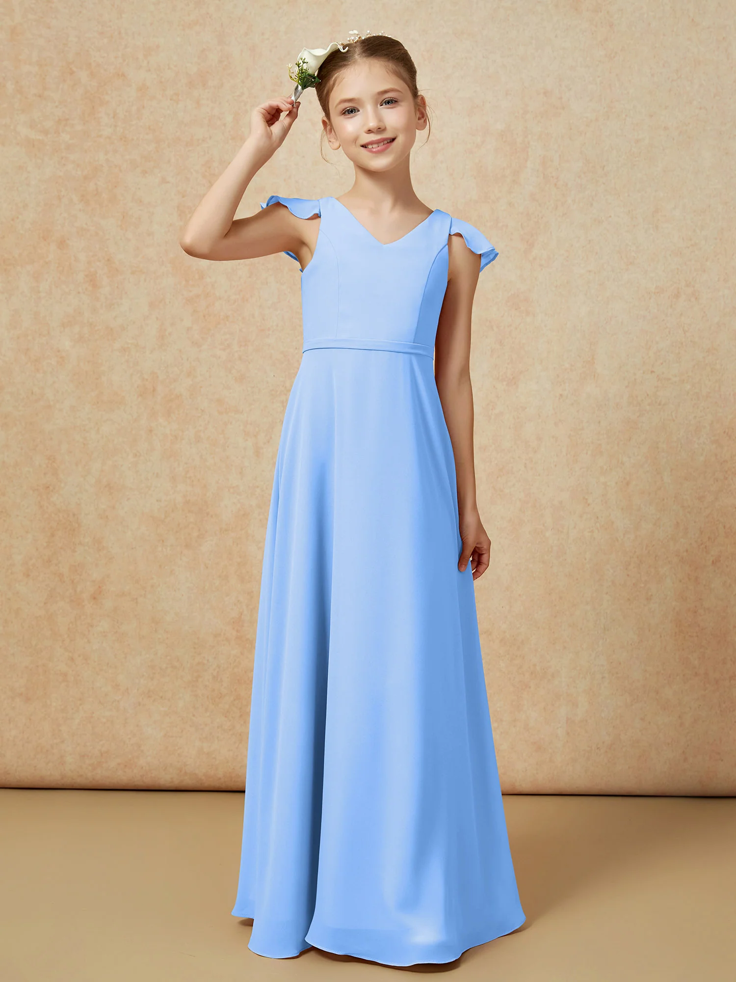 Flutter Sleeves Chiffon A-Line Junior Bridesmaid Dresses Blue - Image 6