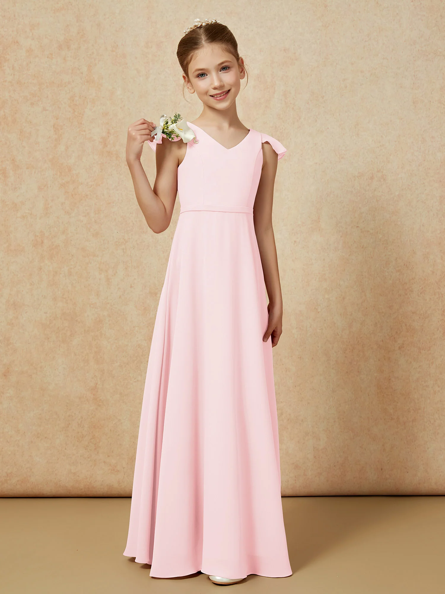Flutter Sleeves Chiffon A-Line Junior Bridesmaid Dresses Blushing Pink