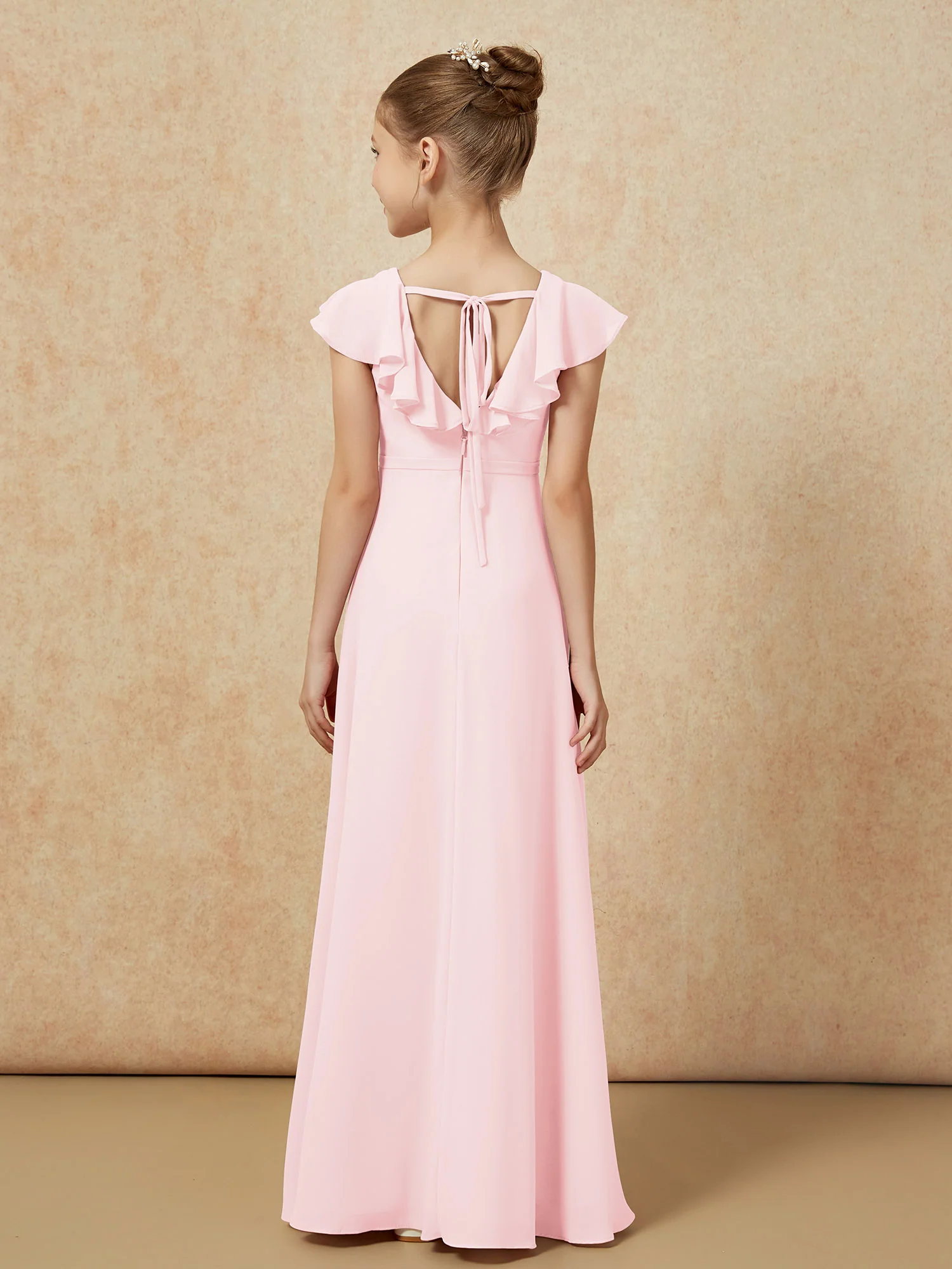 Flutter Sleeves Chiffon A-Line Junior Bridesmaid Dresses Blushing Pink - Image 2