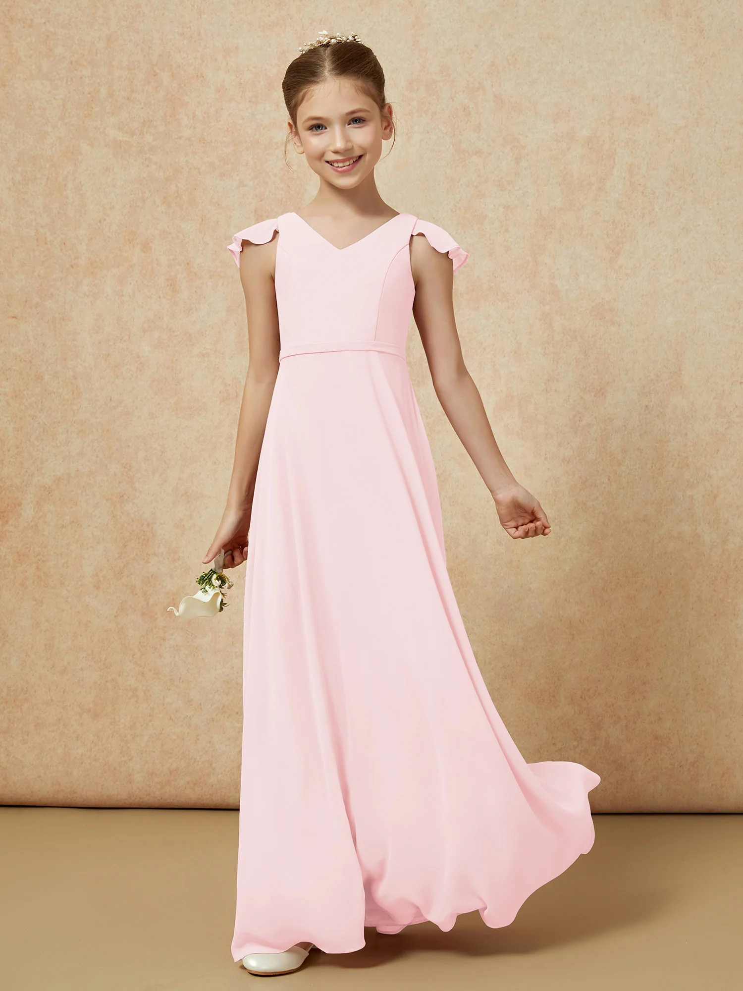 Flutter Sleeves Chiffon A-Line Junior Bridesmaid Dresses Blushing Pink - Image 3