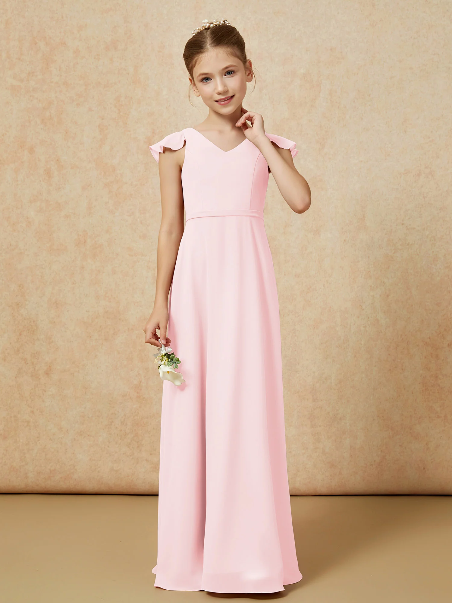 Flutter Sleeves Chiffon A-Line Junior Bridesmaid Dresses Blushing Pink - Image 4
