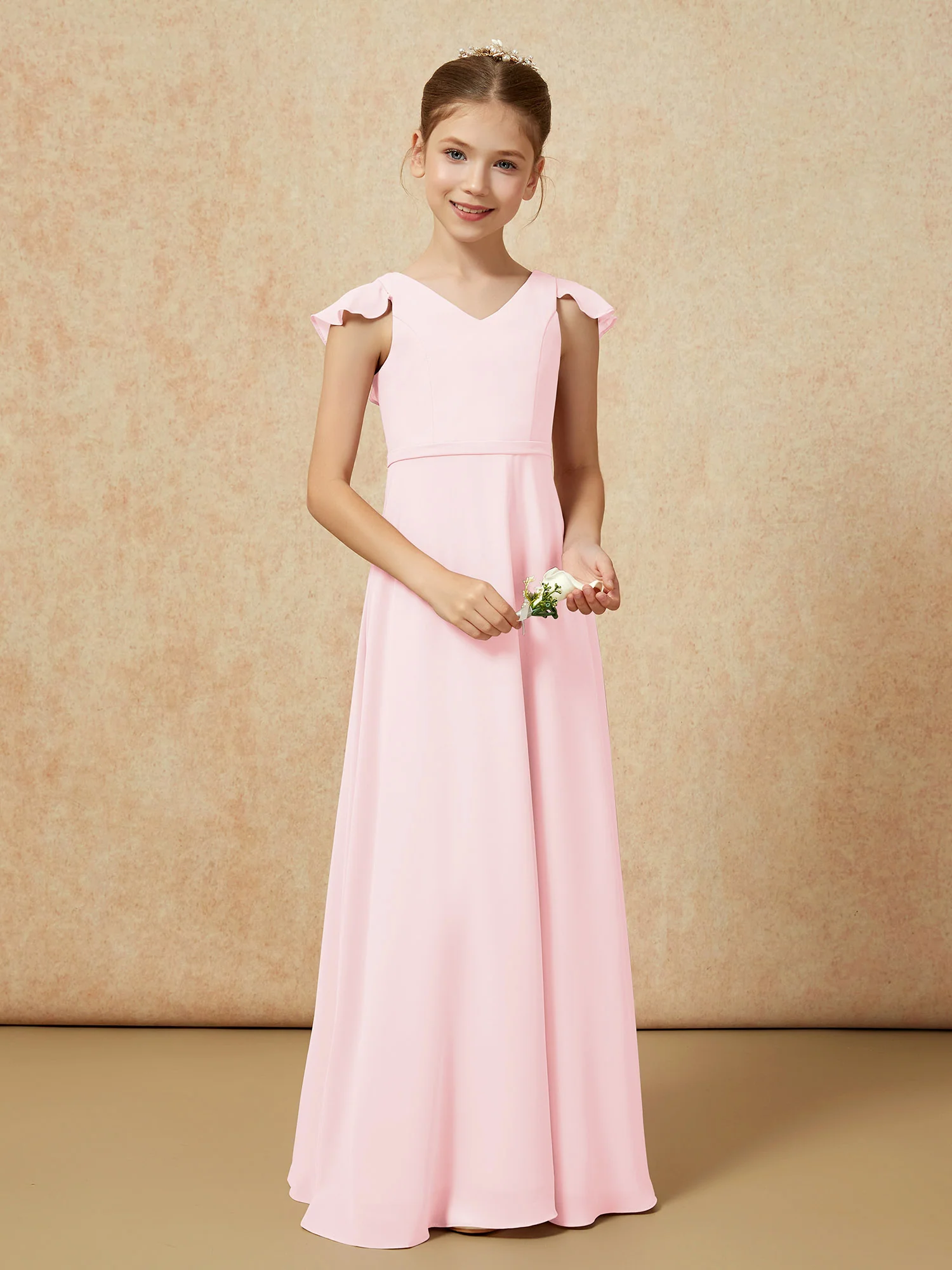 Flutter Sleeves Chiffon A-Line Junior Bridesmaid Dresses Blushing Pink - Image 5