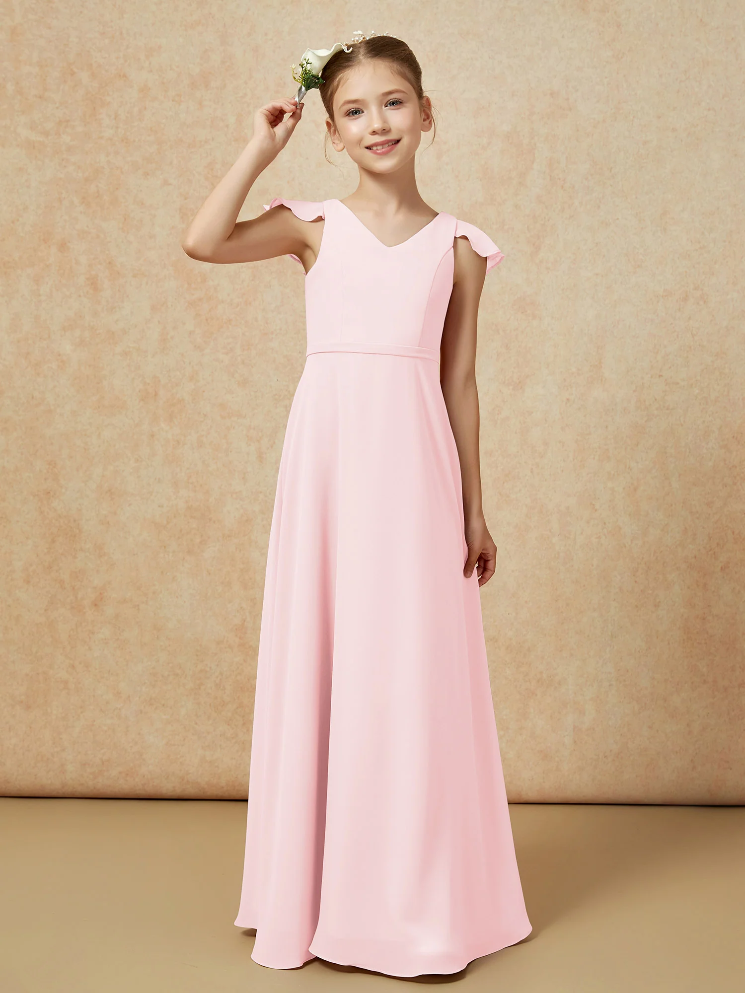 Flutter Sleeves Chiffon A-Line Junior Bridesmaid Dresses Blushing Pink - Image 6