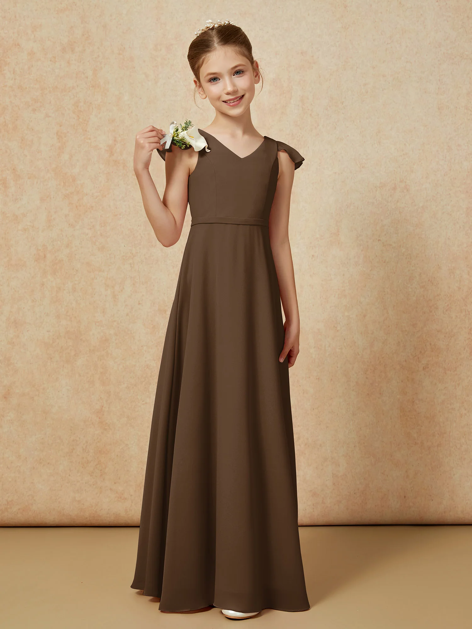 Flutter Sleeves Chiffon A-Line Junior Bridesmaid Dresses Brown