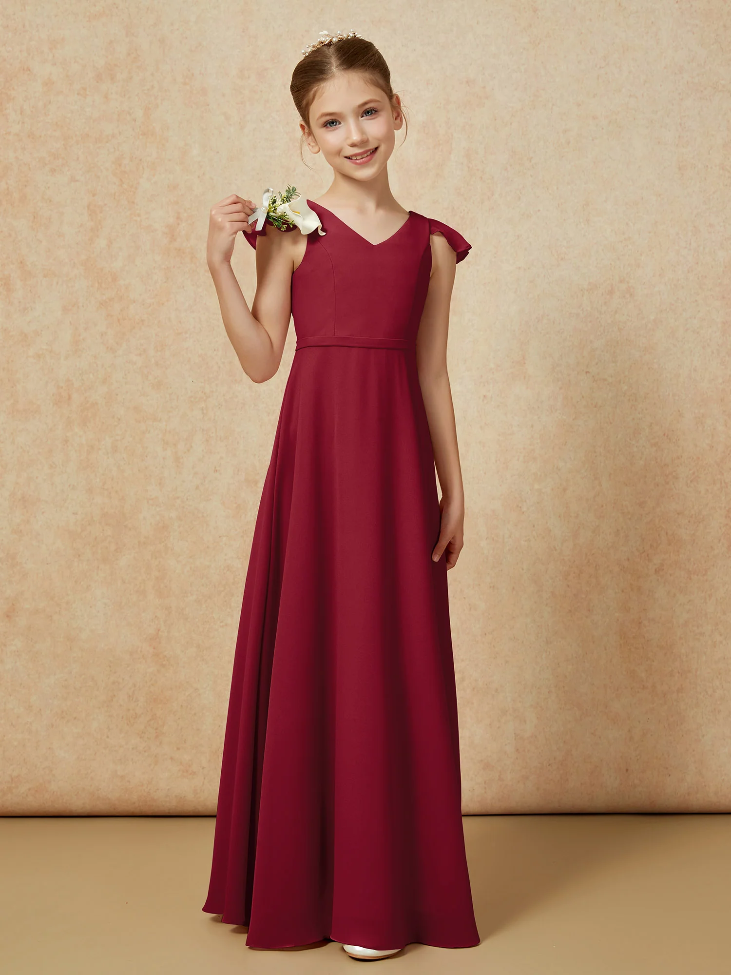 Flutter Sleeves Chiffon A-Line Junior Bridesmaid Dresses Burgundy