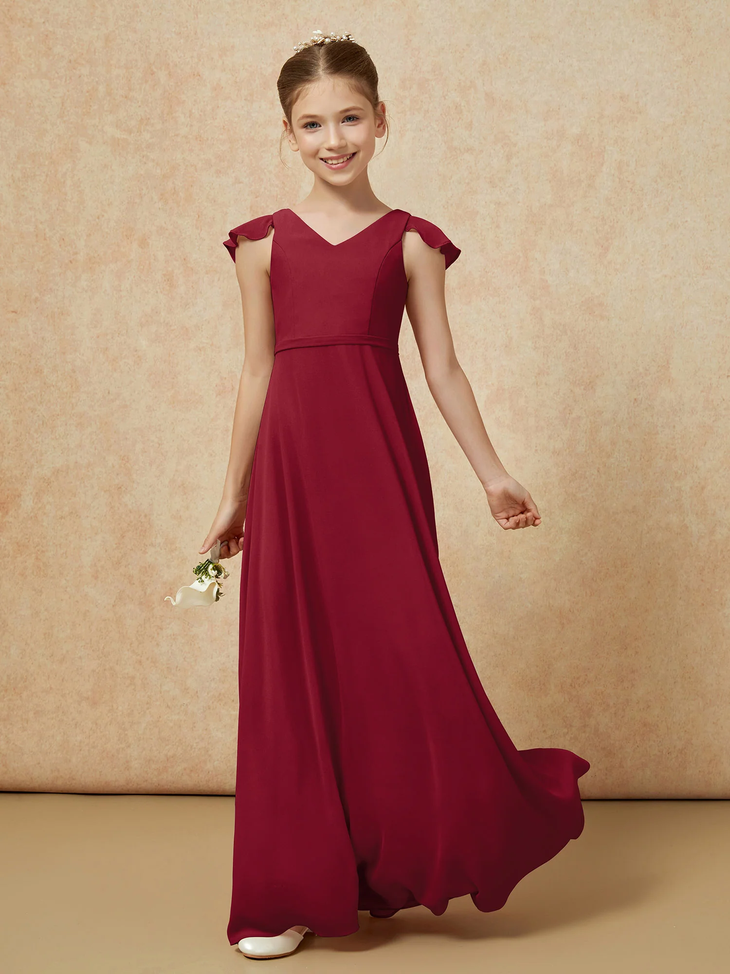 Flutter Sleeves Chiffon A-Line Junior Bridesmaid Dresses Burgundy - Image 3