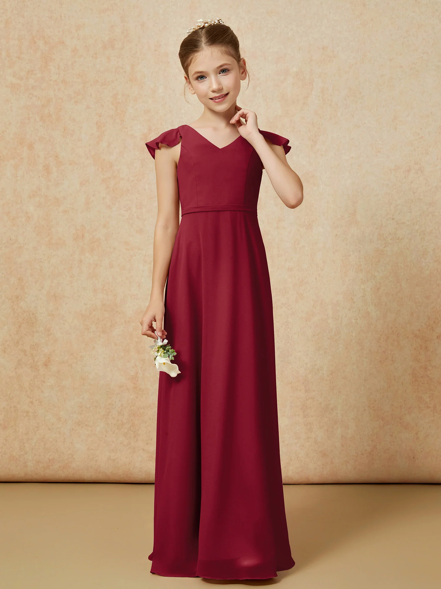 Flutter Sleeves Chiffon A-Line Junior Bridesmaid Dresses Burgundy - Image 4