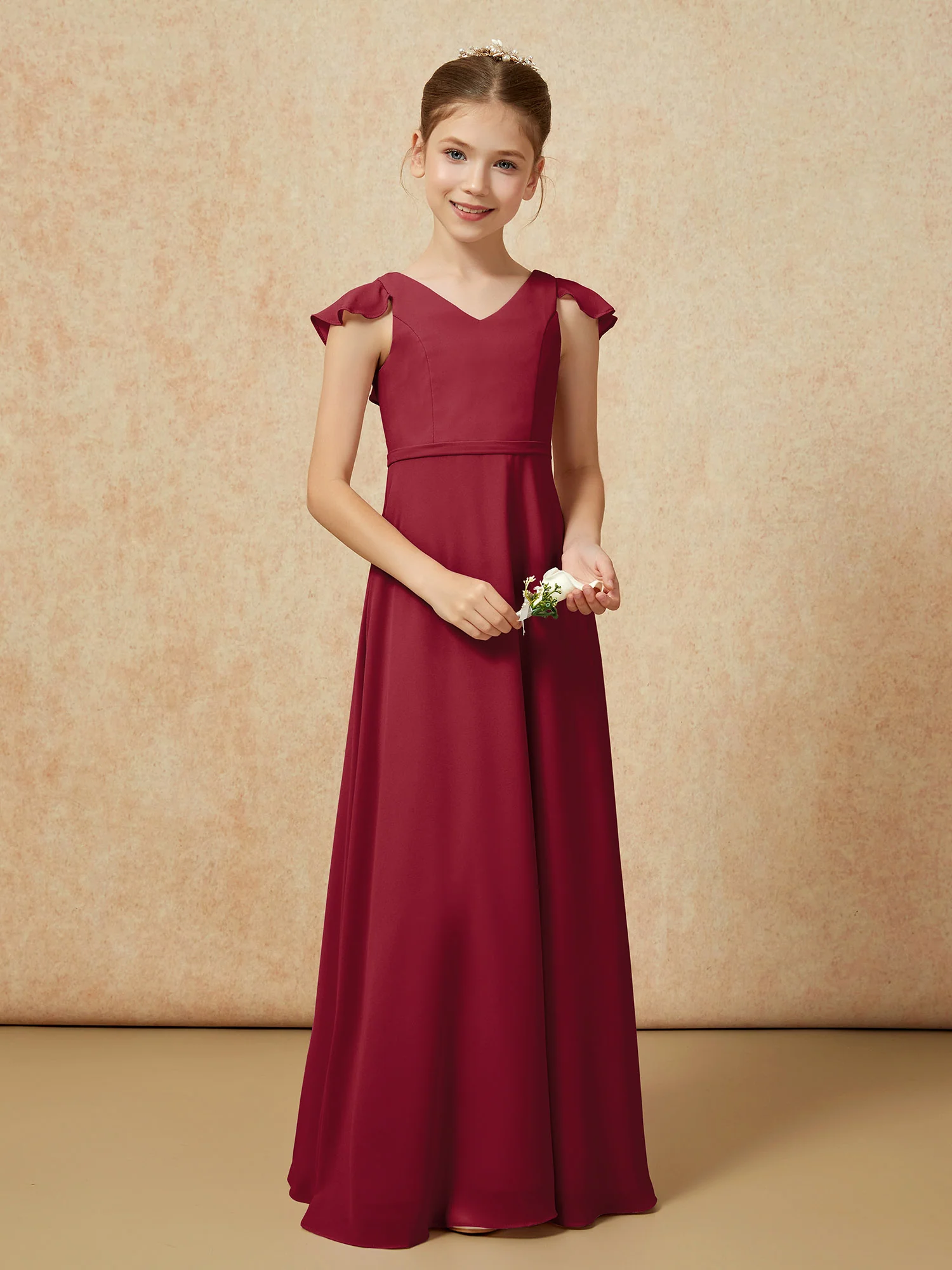 Flutter Sleeves Chiffon A-Line Junior Bridesmaid Dresses Burgundy - Image 5