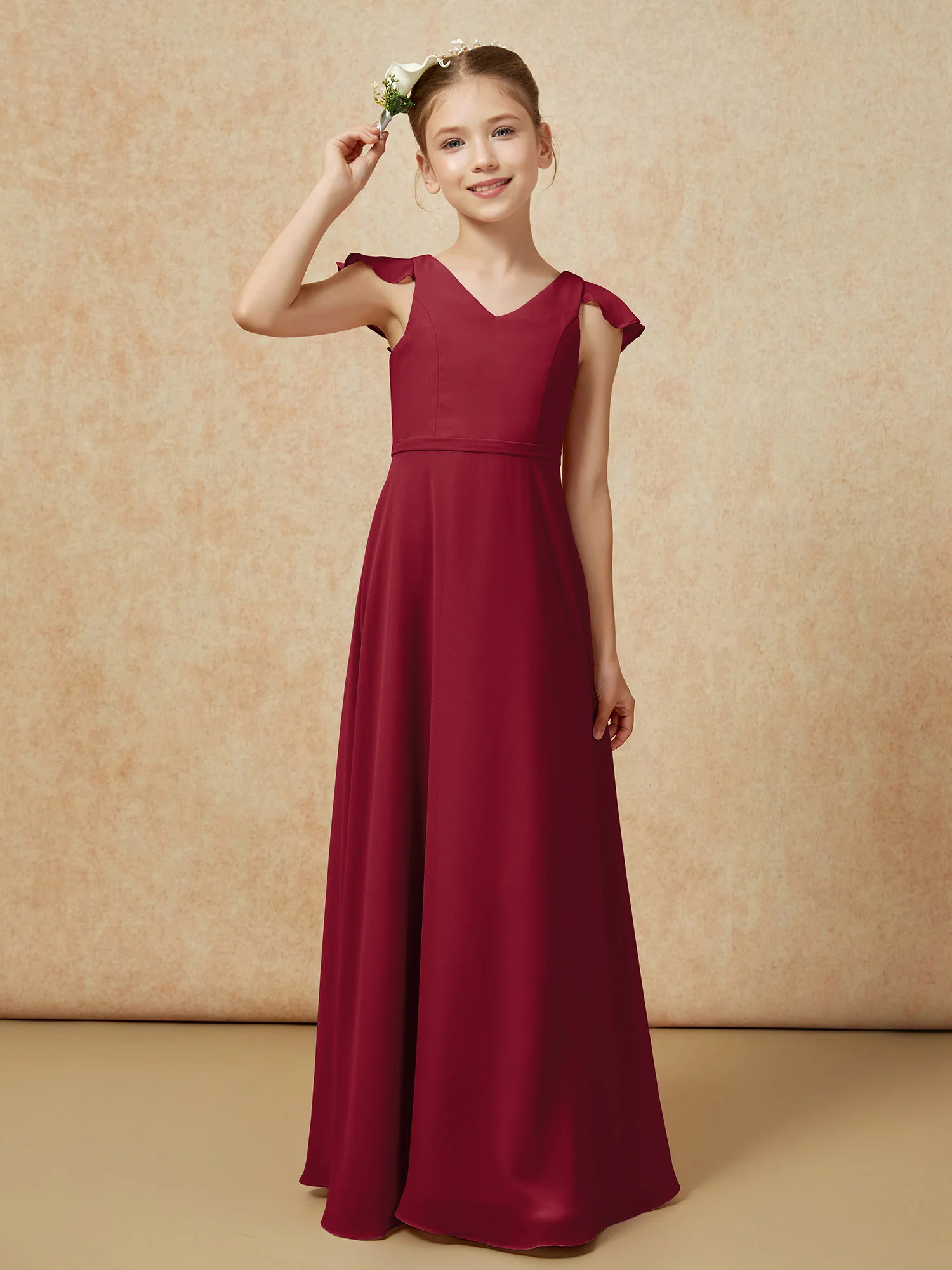 Flutter Sleeves Chiffon A-Line Junior Bridesmaid Dresses Burgundy - Image 6