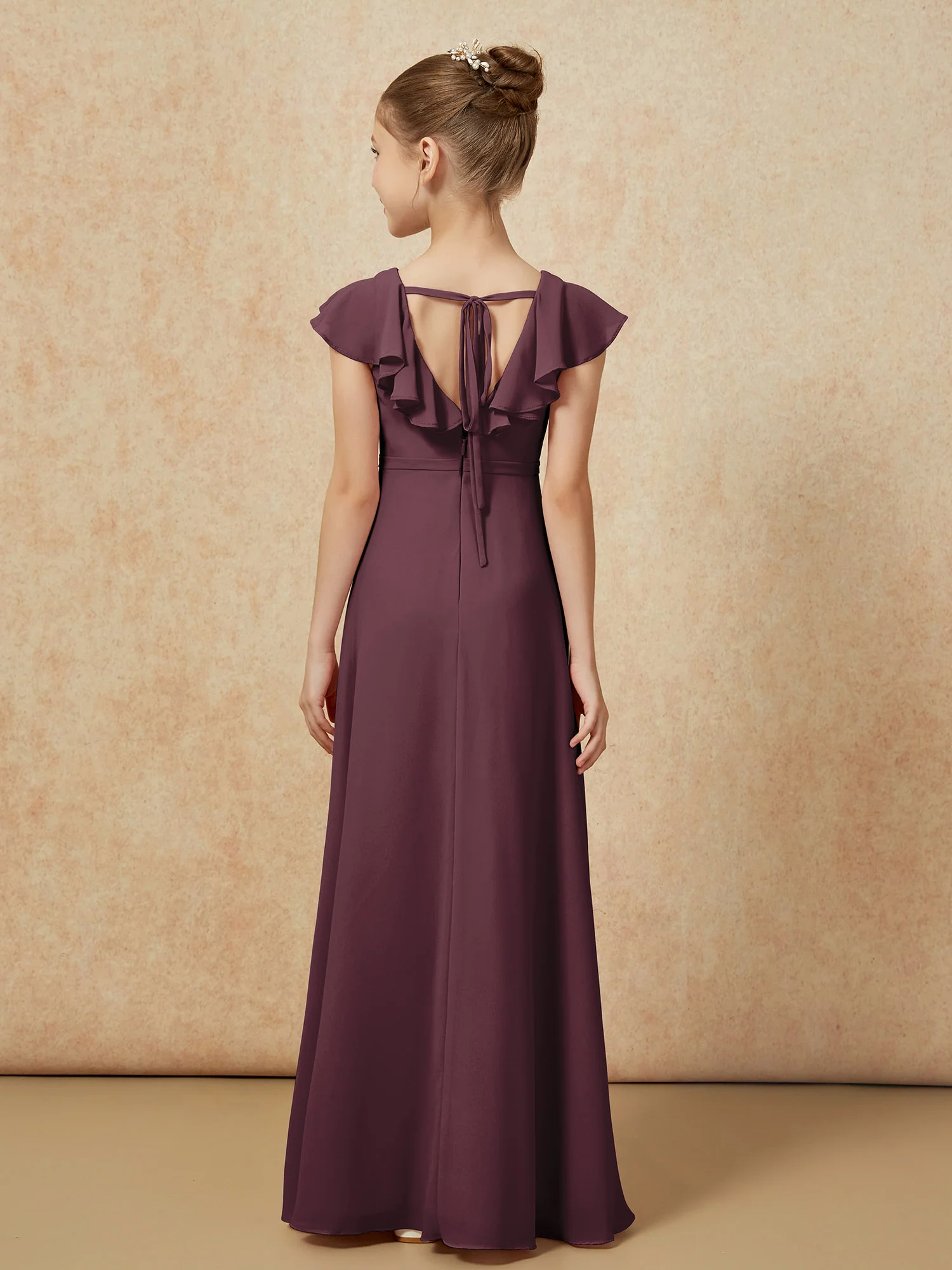 Flutter Sleeves Chiffon A-Line Junior Bridesmaid Dresses Cabernet - Image 2