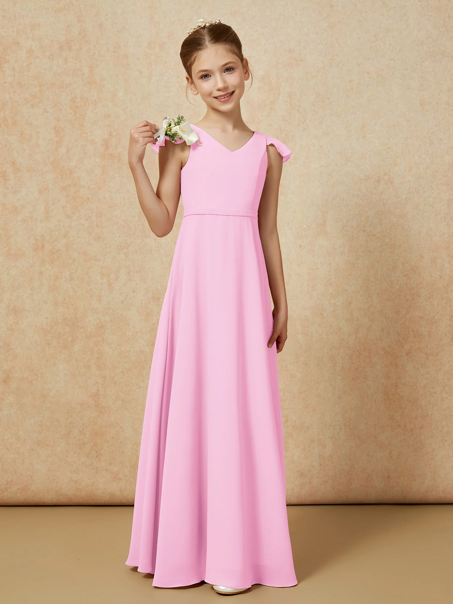 Flutter Sleeves Chiffon A-Line Junior Bridesmaid Dresses Candy Pink