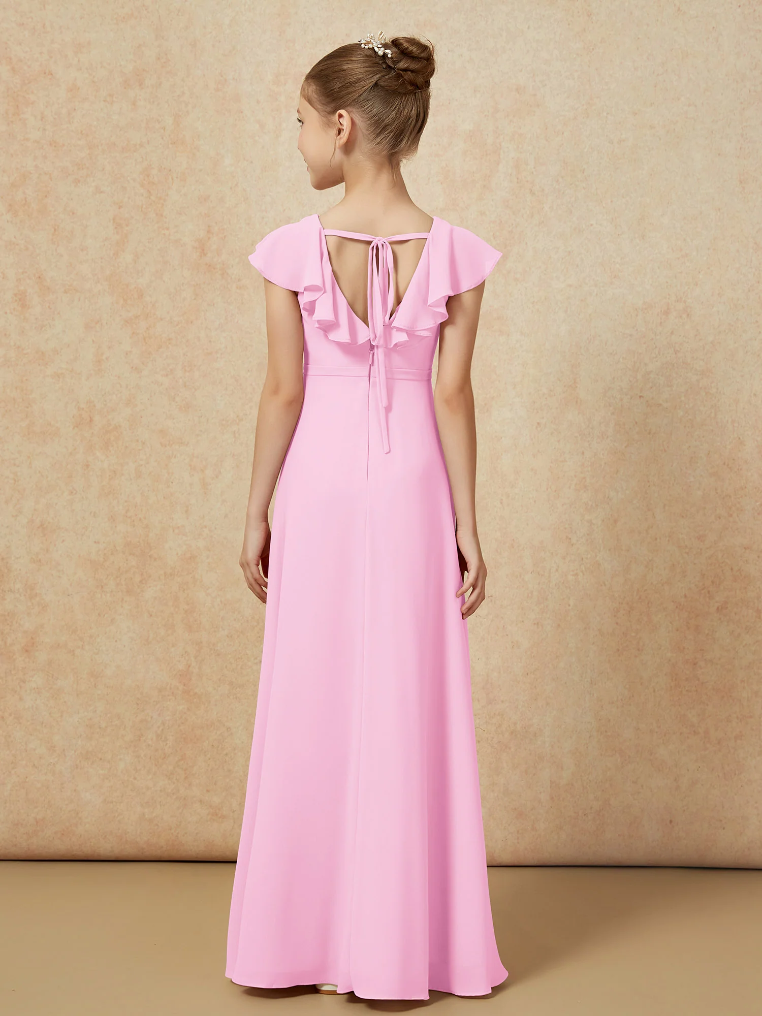 Flutter Sleeves Chiffon A-Line Junior Bridesmaid Dresses Candy Pink - Image 2