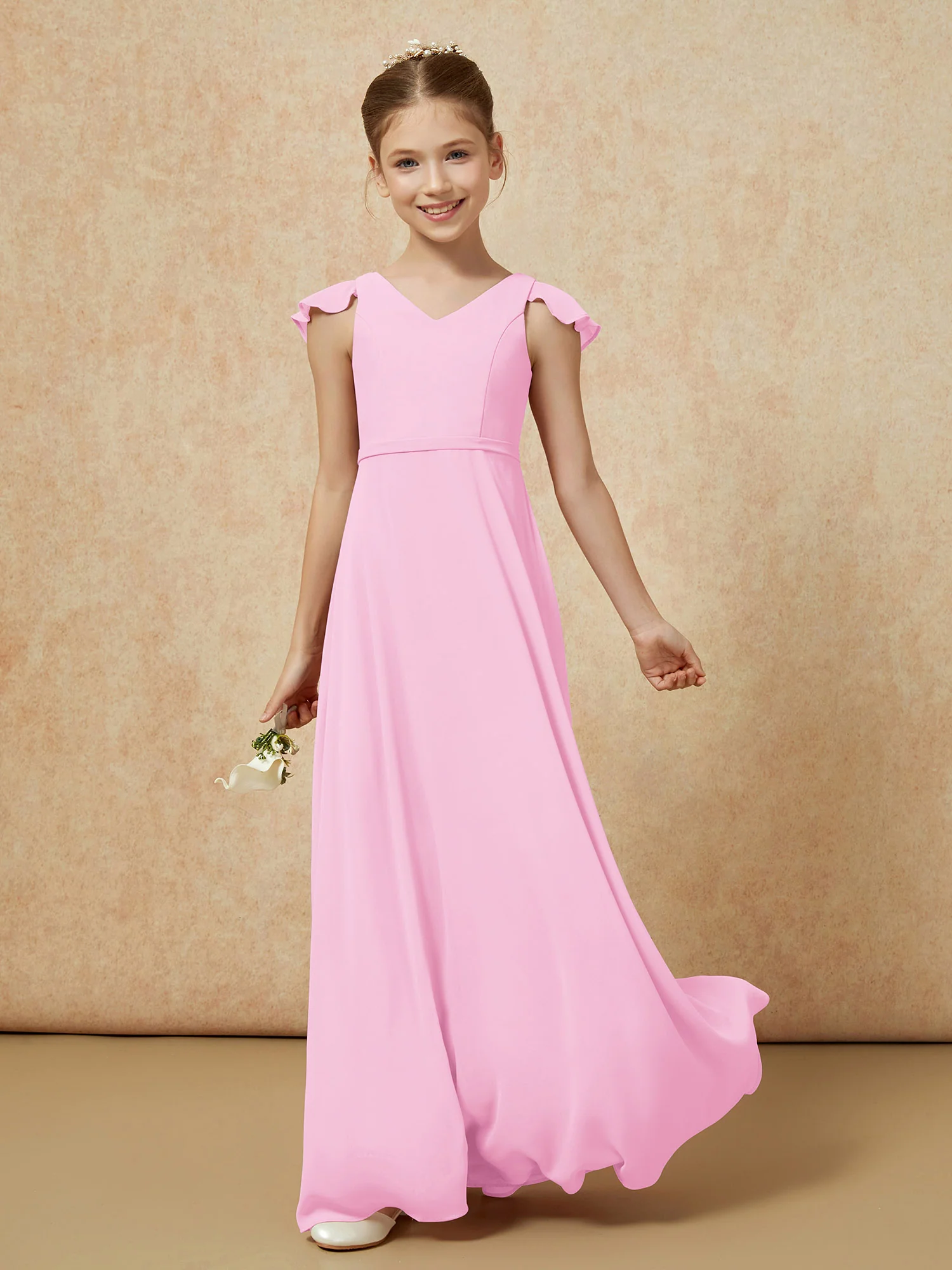 Flutter Sleeves Chiffon A-Line Junior Bridesmaid Dresses Candy Pink - Image 3