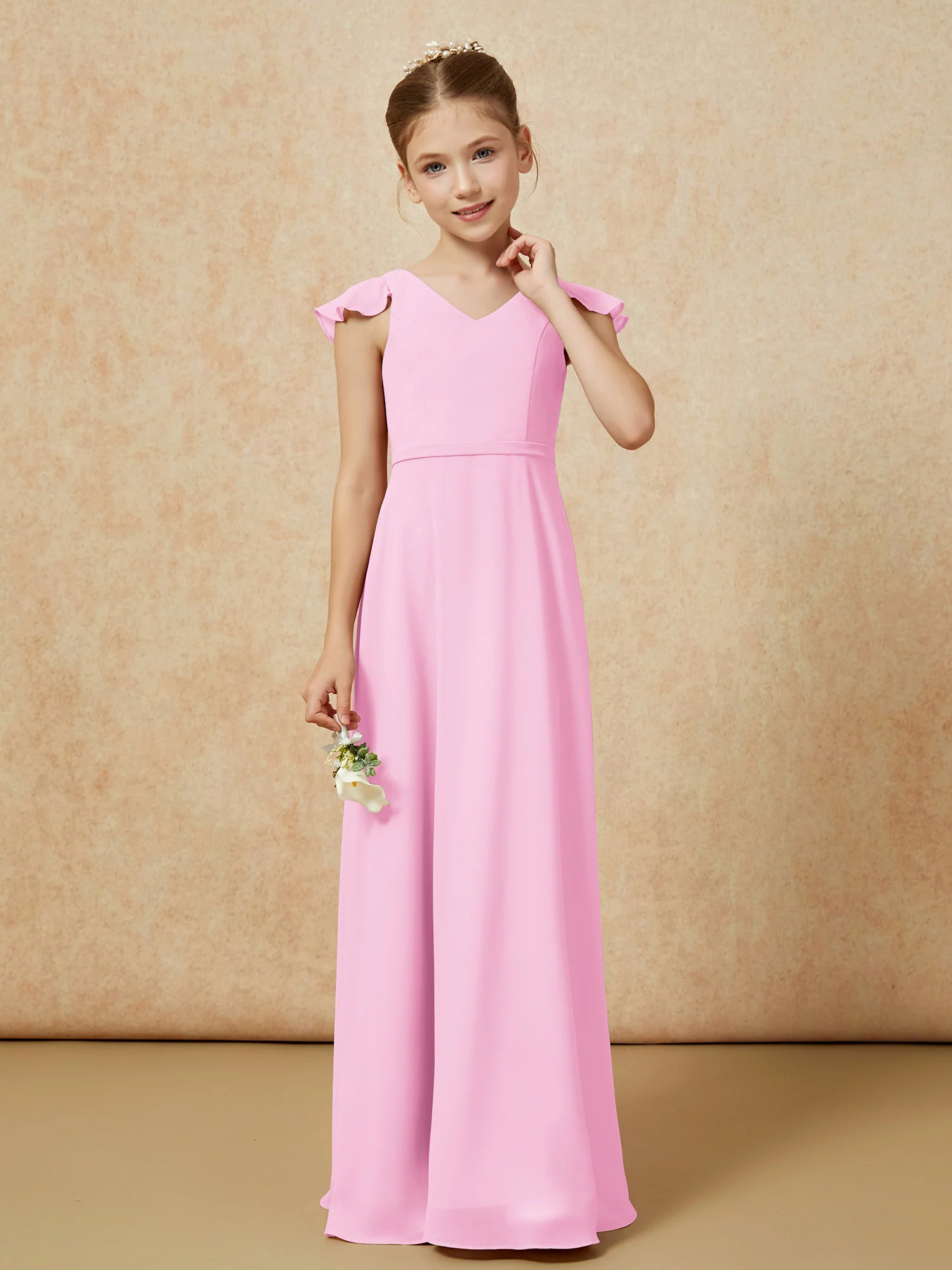 Flutter Sleeves Chiffon A-Line Junior Bridesmaid Dresses Candy Pink - Image 4