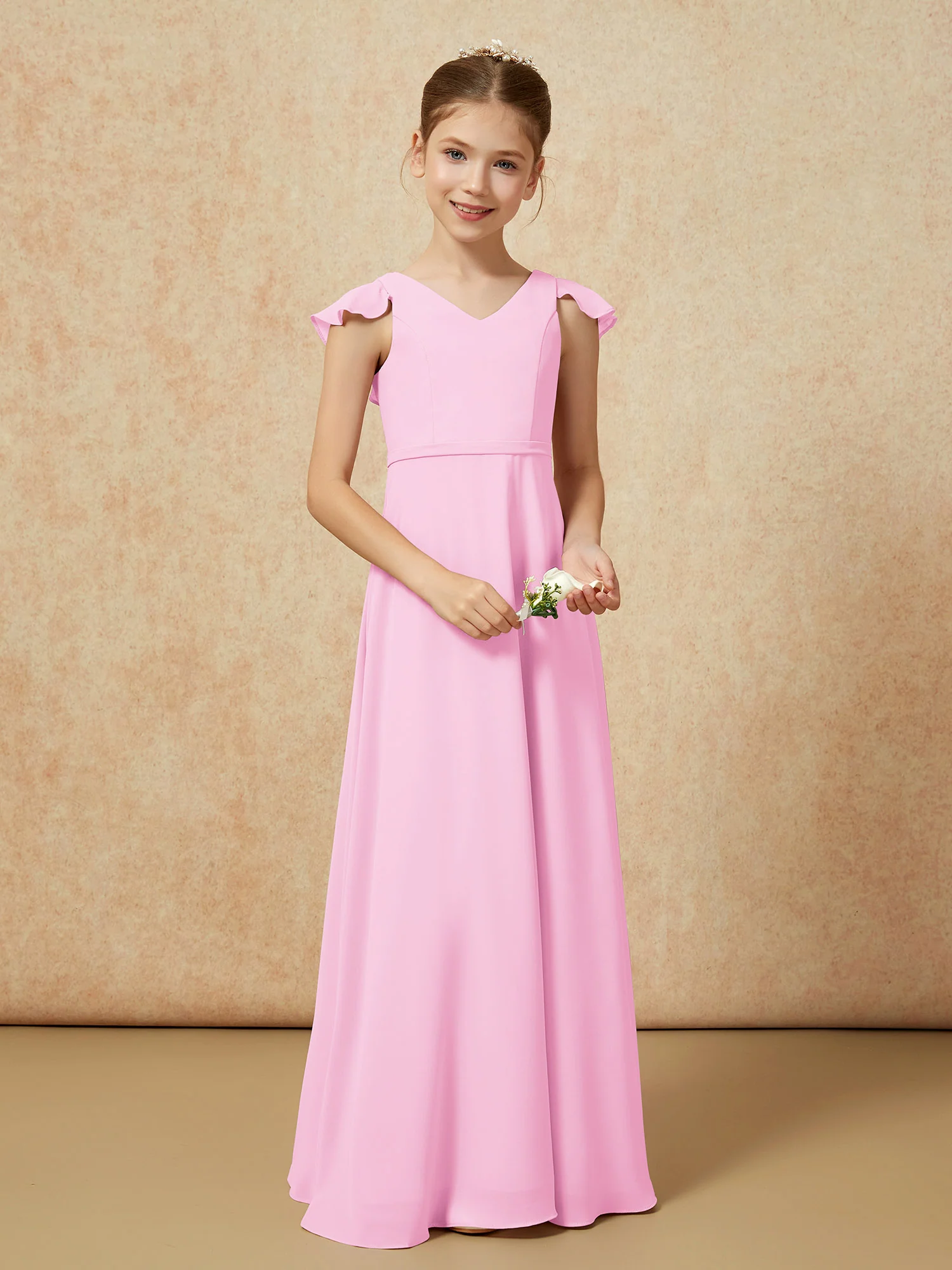 Flutter Sleeves Chiffon A-Line Junior Bridesmaid Dresses Candy Pink - Image 5
