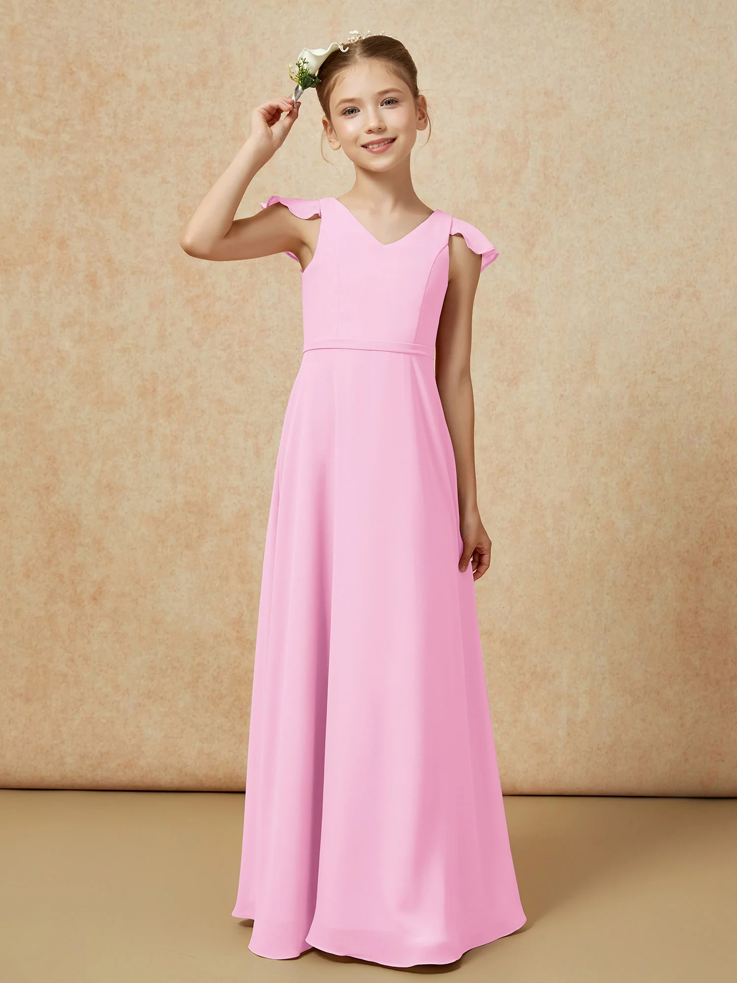 Flutter Sleeves Chiffon A-Line Junior Bridesmaid Dresses Candy Pink - Image 6
