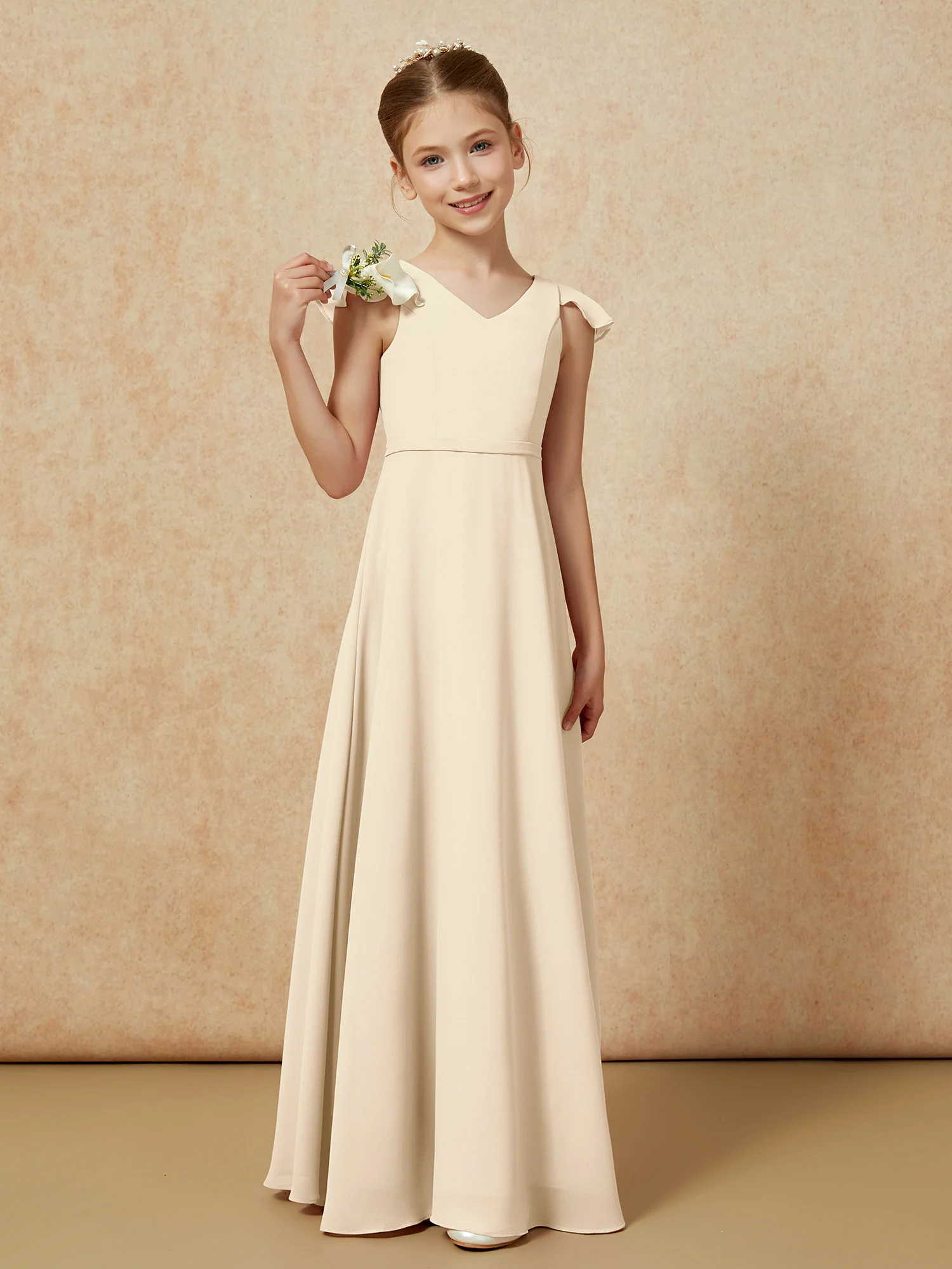 Flutter Sleeves Chiffon A-Line Junior Bridesmaid Dresses Champagne