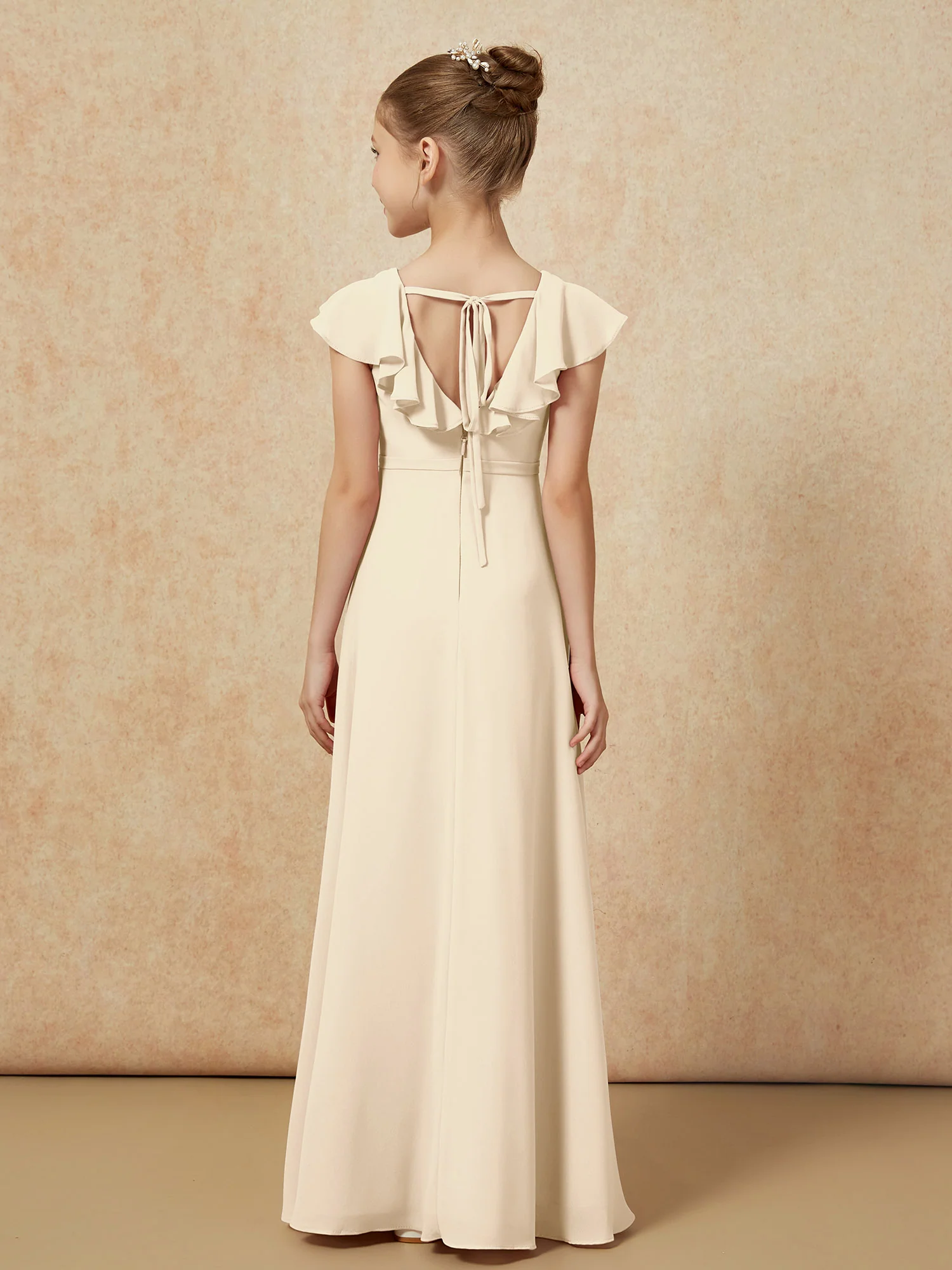 Flutter Sleeves Chiffon A-Line Junior Bridesmaid Dresses Champagne - Image 2