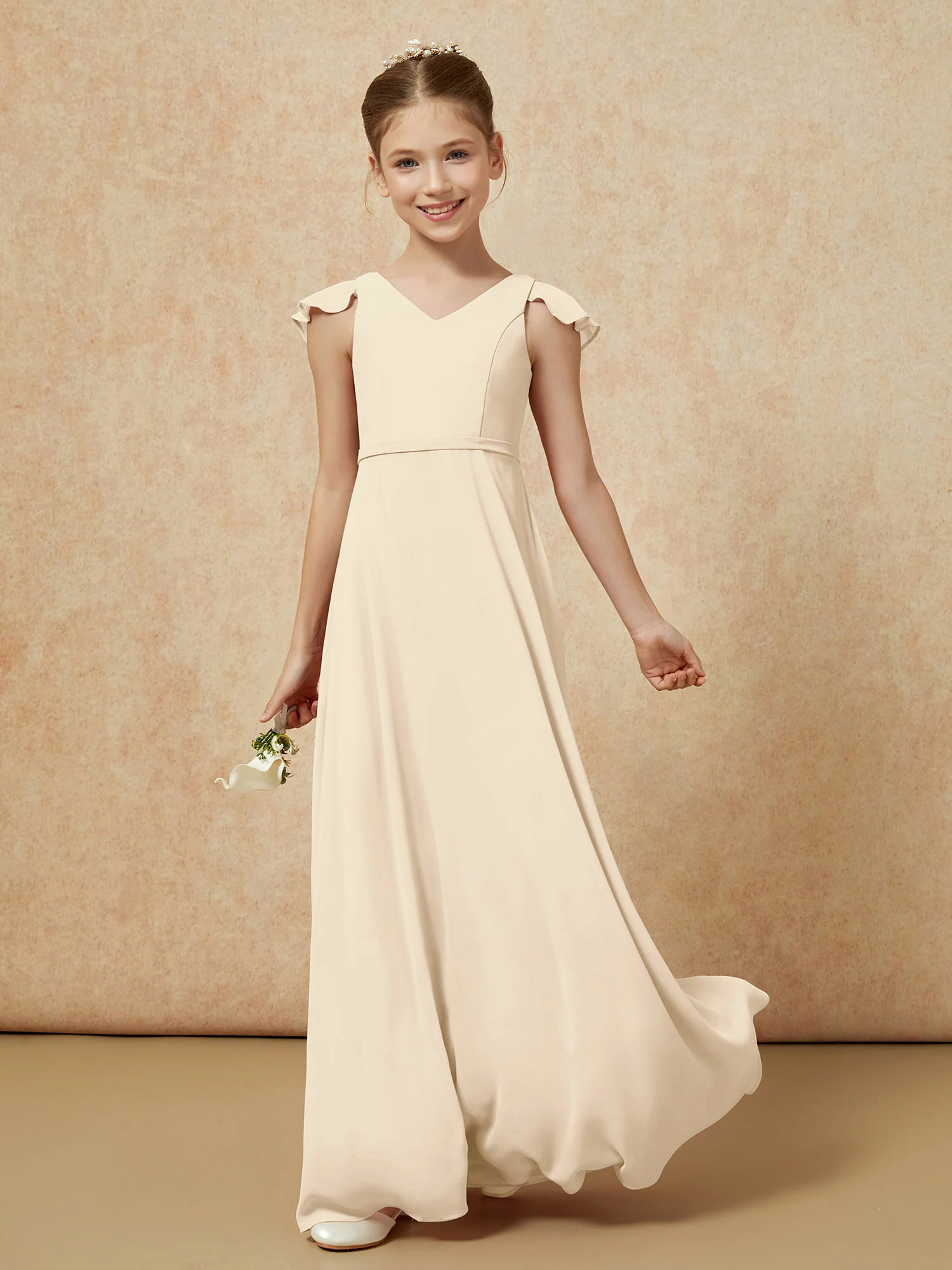 Flutter Sleeves Chiffon A-Line Junior Bridesmaid Dresses Champagne - Image 3