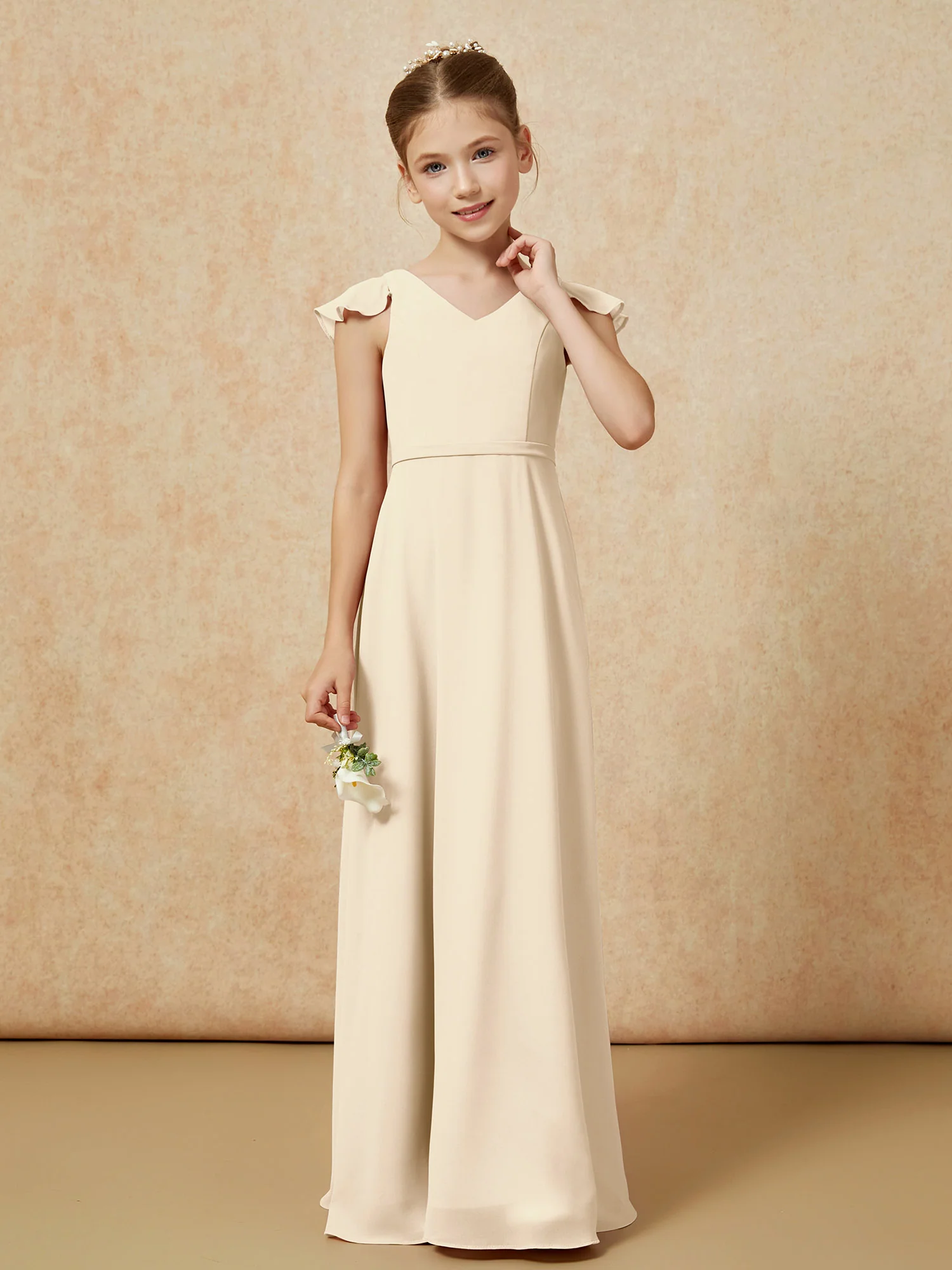 Flutter Sleeves Chiffon A-Line Junior Bridesmaid Dresses Champagne - Image 4