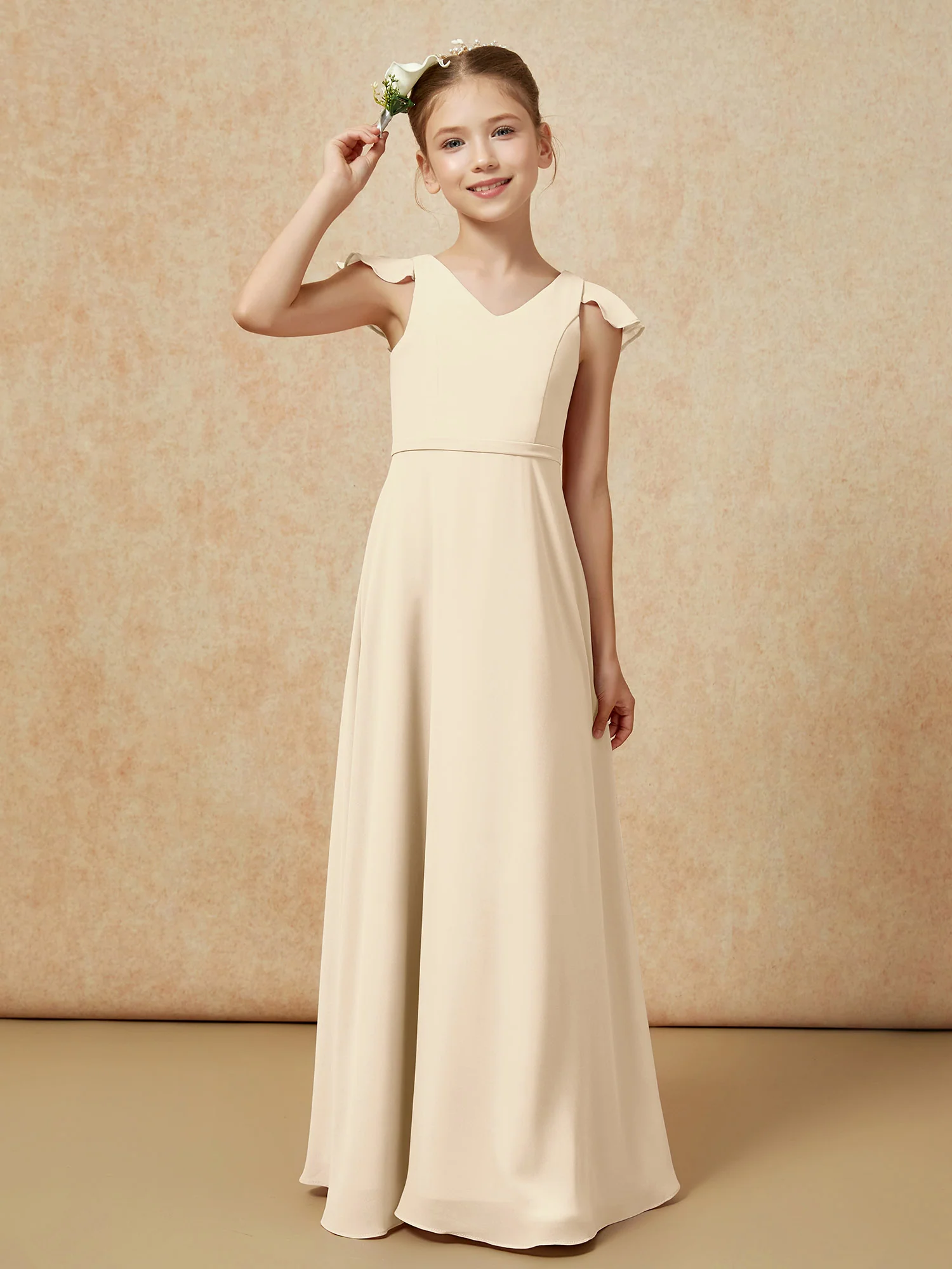 Flutter Sleeves Chiffon A-Line Junior Bridesmaid Dresses Champagne - Image 6