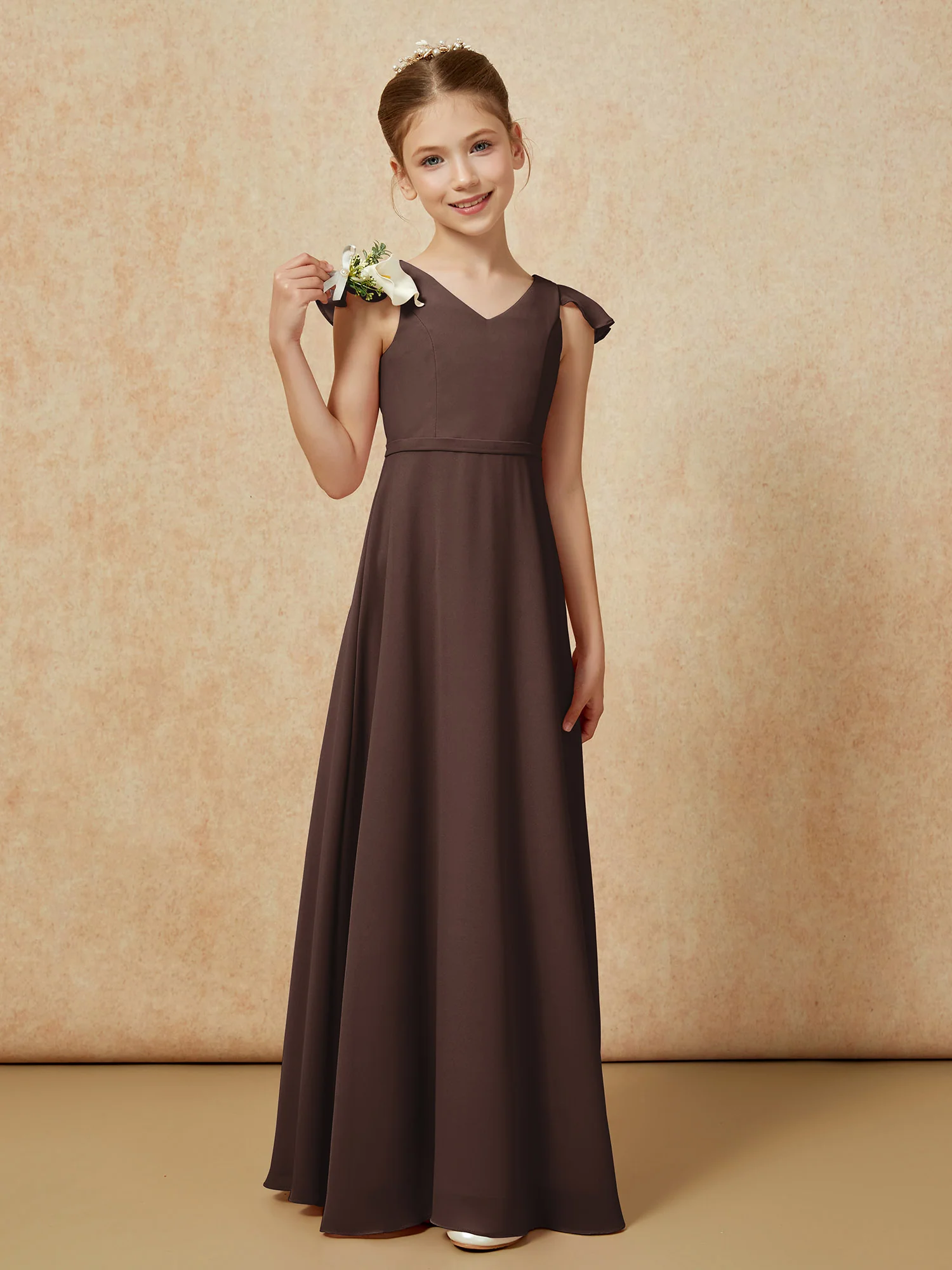 Flutter Sleeves Chiffon A-Line Junior Bridesmaid Dresses Chocolate