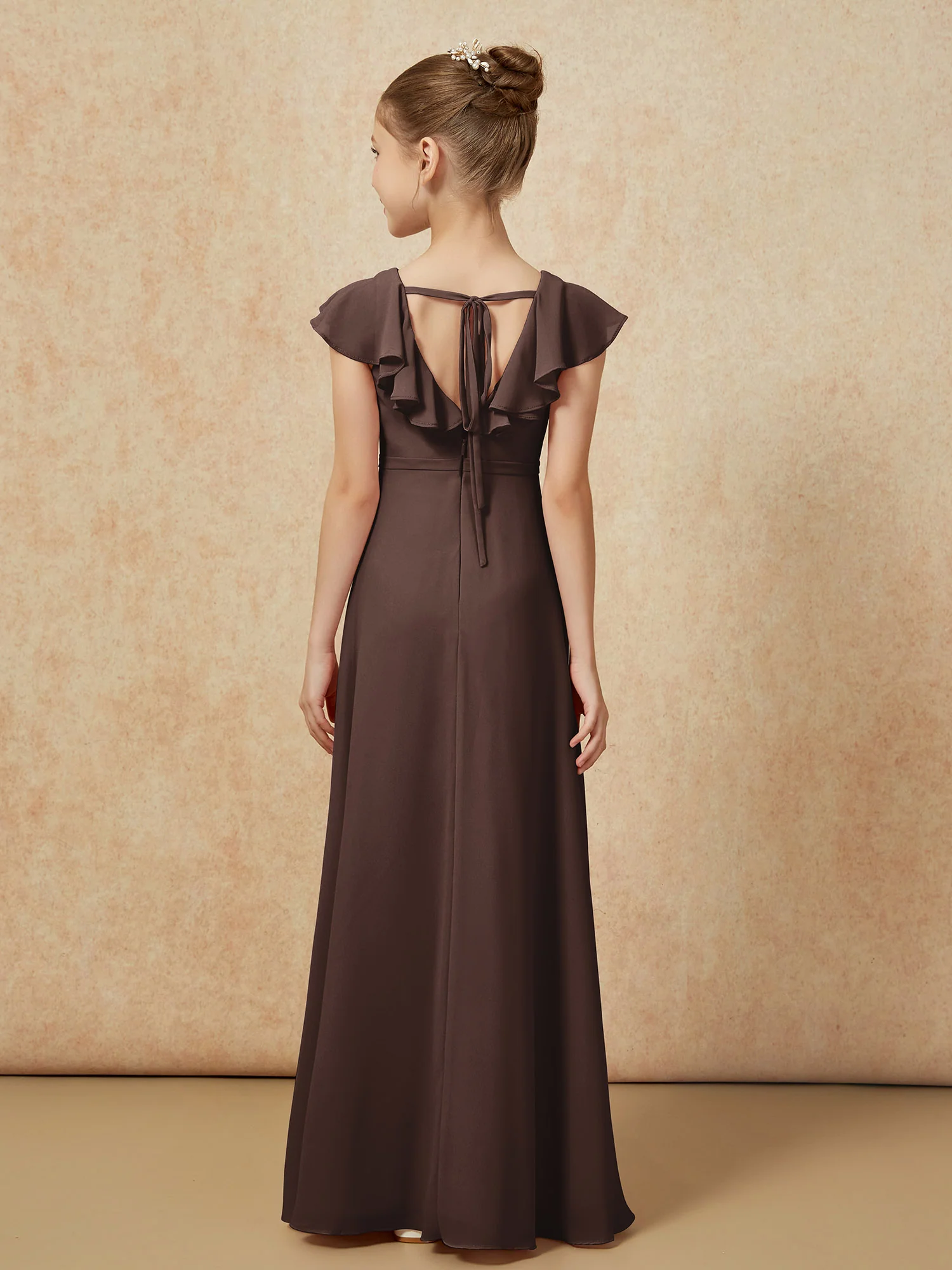 Flutter Sleeves Chiffon A-Line Junior Bridesmaid Dresses Chocolate - Image 2