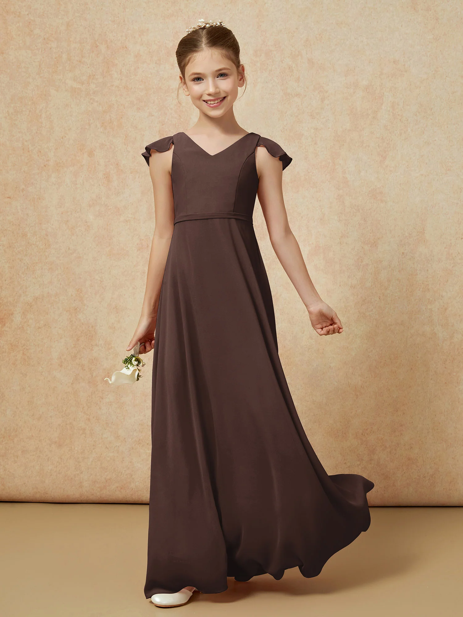 Flutter Sleeves Chiffon A-Line Junior Bridesmaid Dresses Chocolate - Image 3
