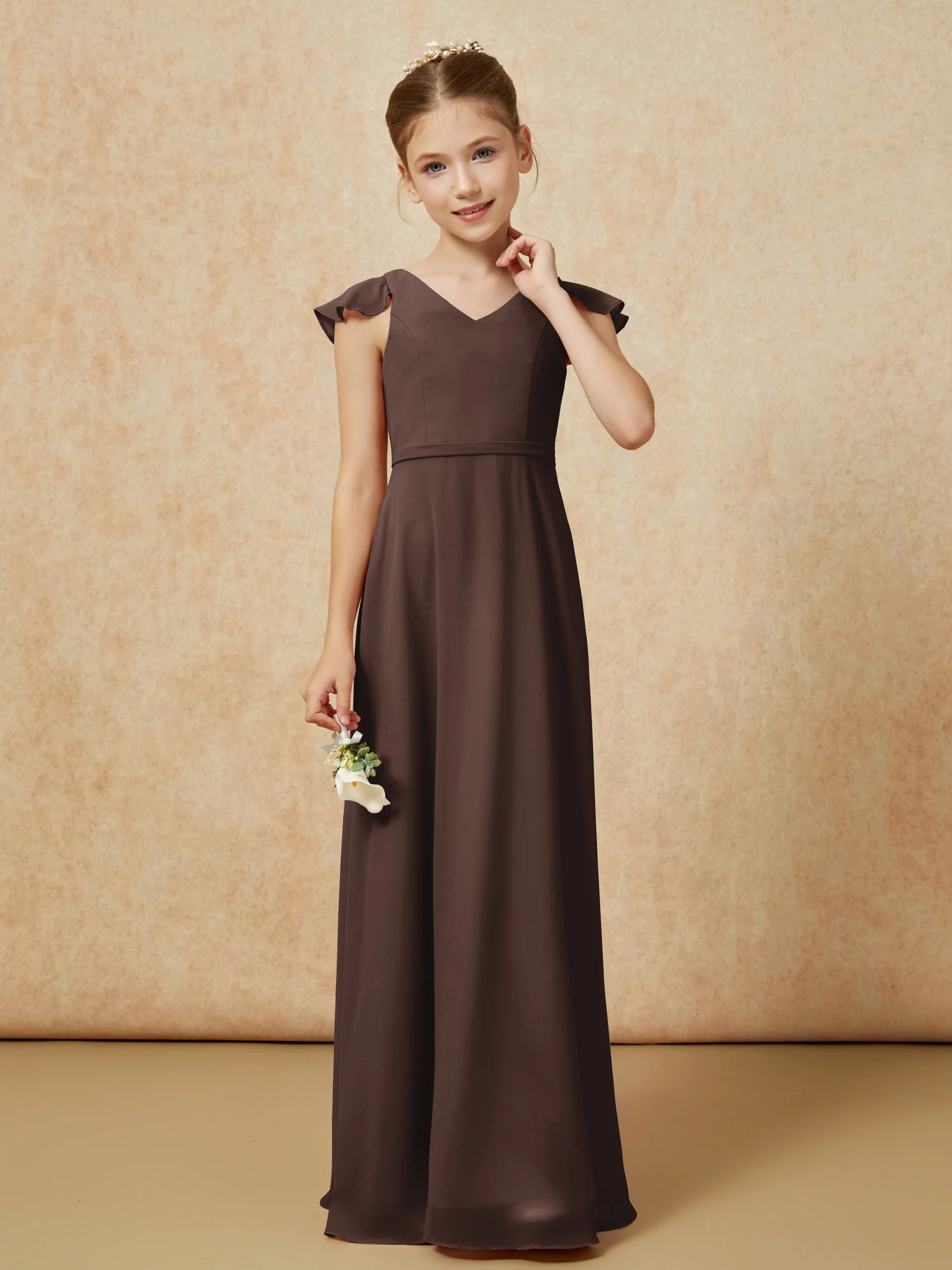 Flutter Sleeves Chiffon A-Line Junior Bridesmaid Dresses Chocolate - Image 4