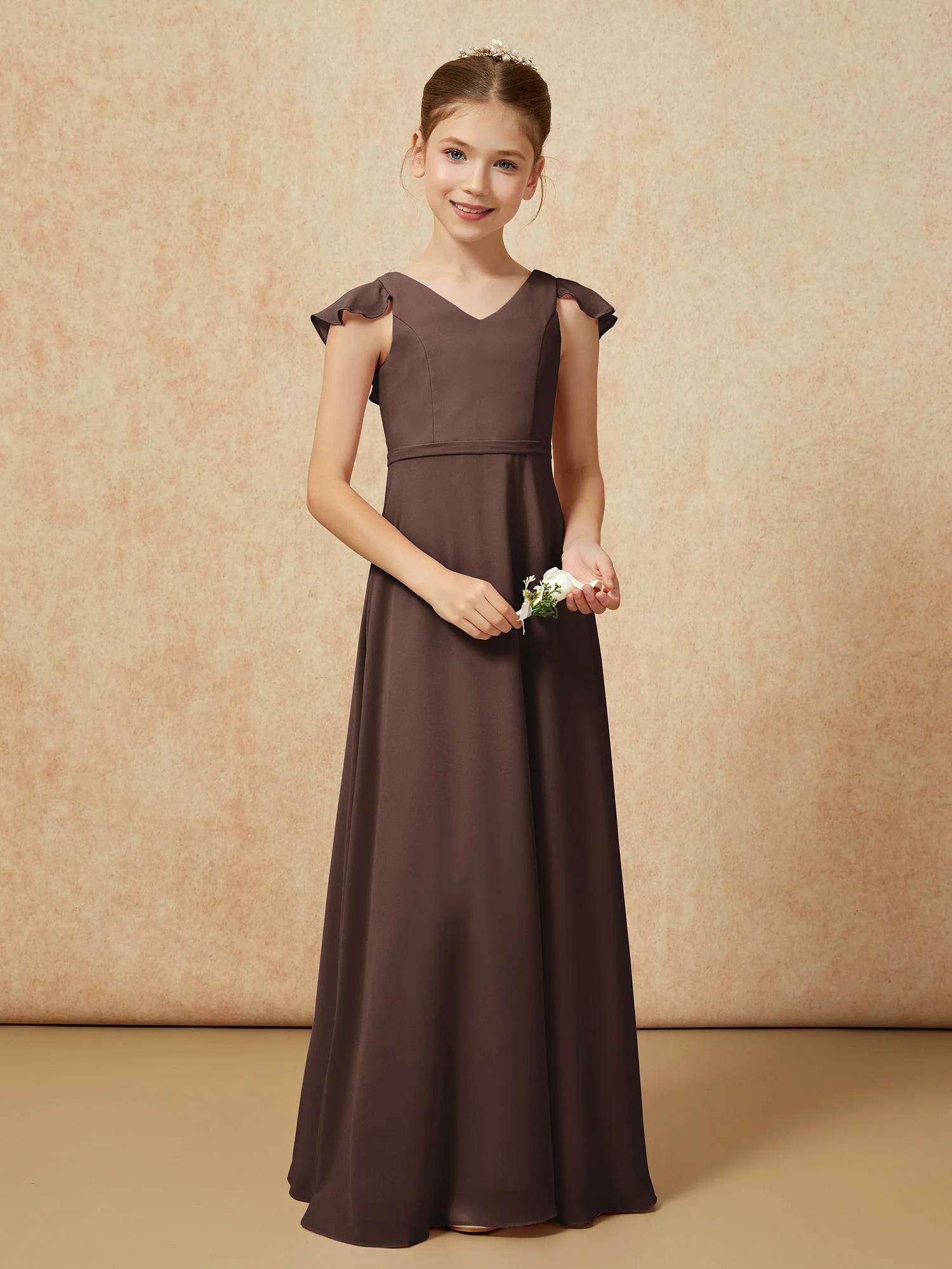 Flutter Sleeves Chiffon A-Line Junior Bridesmaid Dresses Chocolate - Image 5