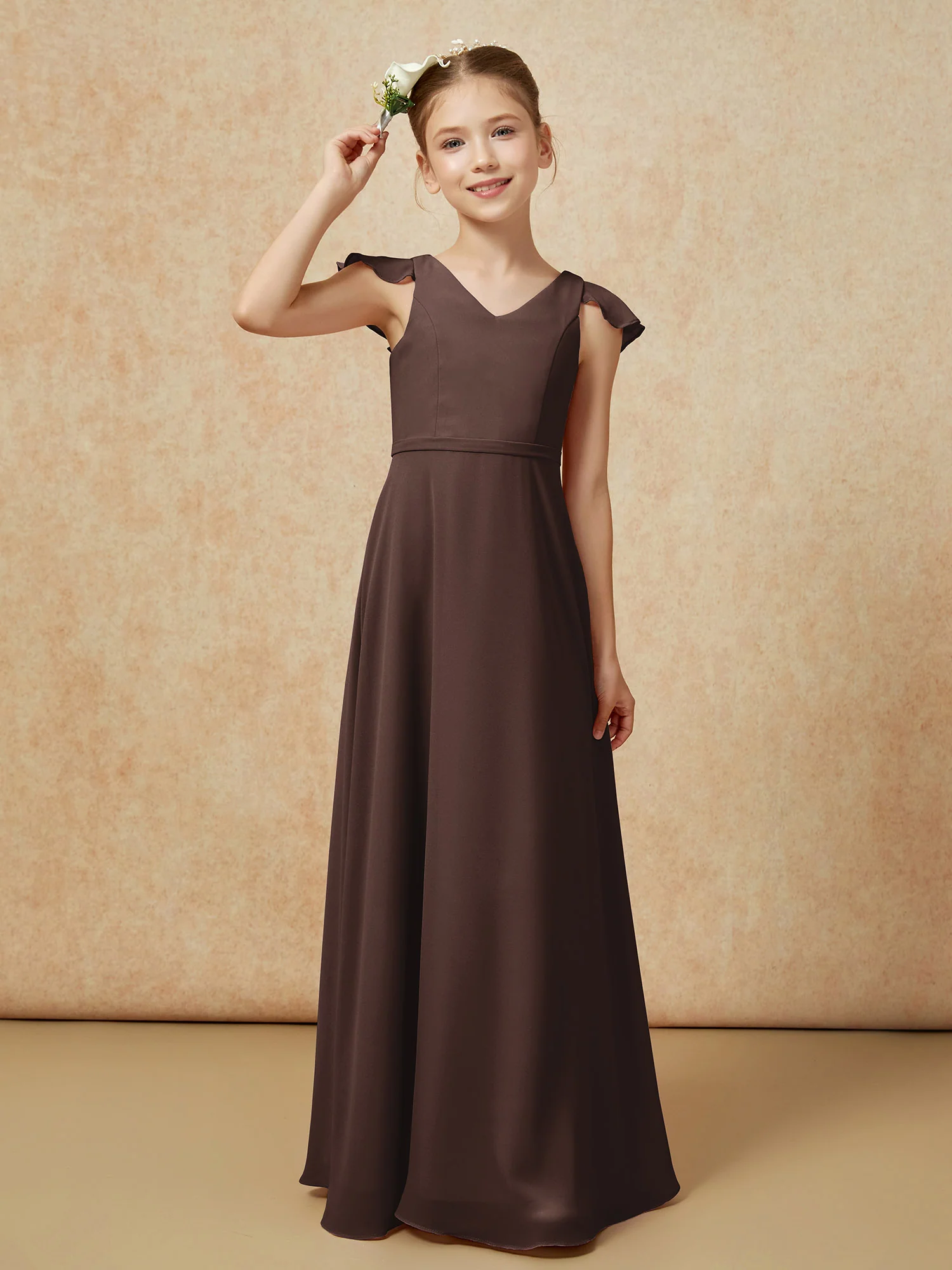 Flutter Sleeves Chiffon A-Line Junior Bridesmaid Dresses Chocolate - Image 6