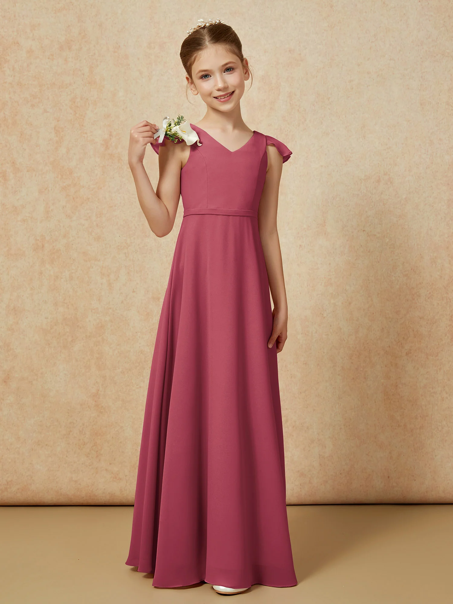 Flutter Sleeves Chiffon A-Line Junior Bridesmaid Dresses Cinnamon Rose