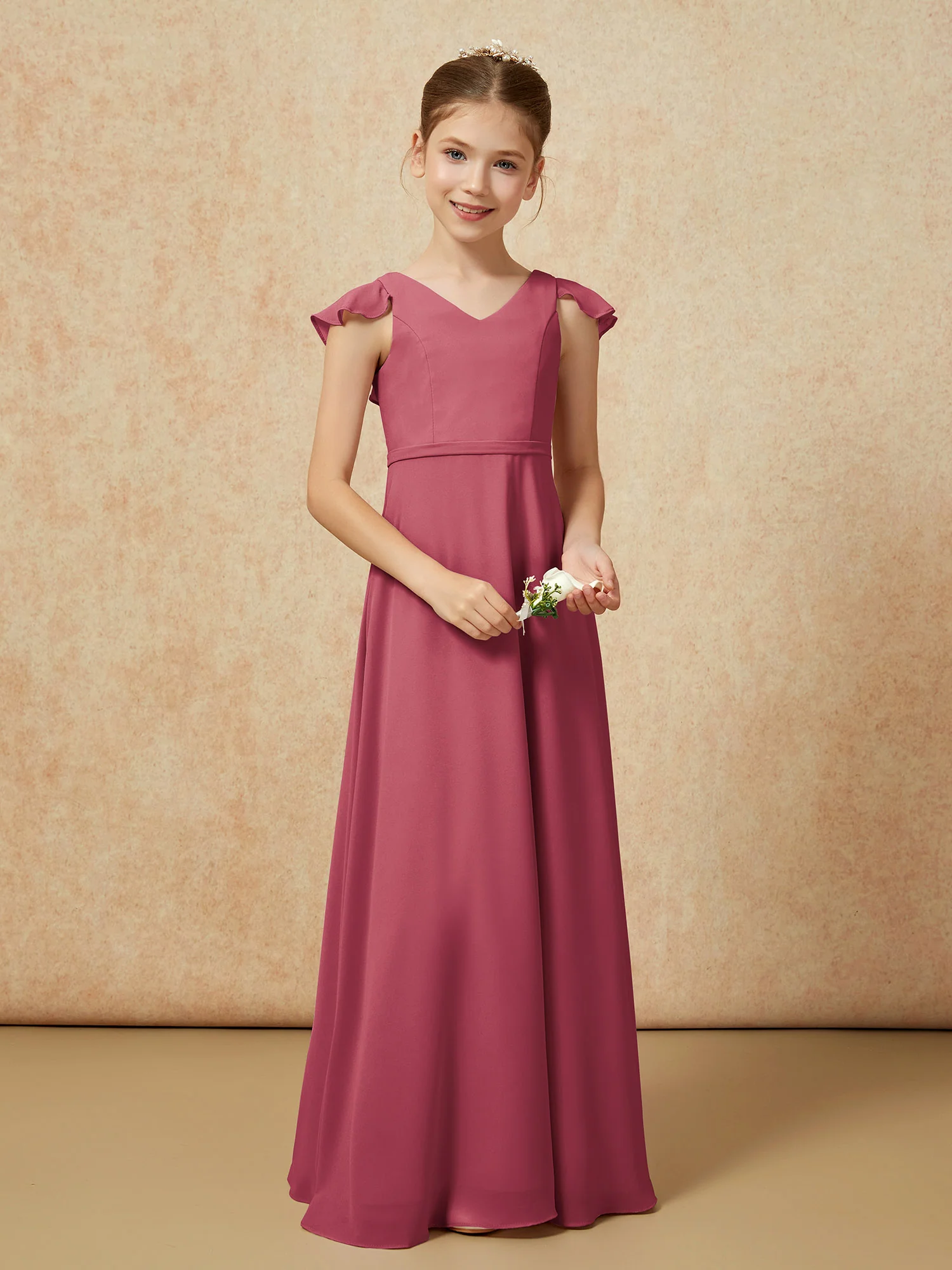 Flutter Sleeves Chiffon A-Line Junior Bridesmaid Dresses Cinnamon Rose - Image 5