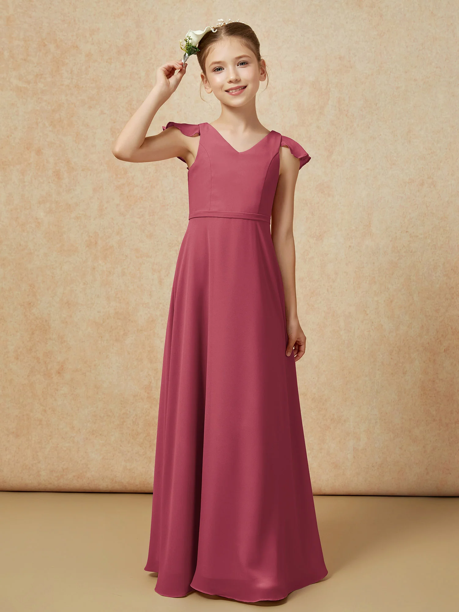 Flutter Sleeves Chiffon A-Line Junior Bridesmaid Dresses Cinnamon Rose - Image 6