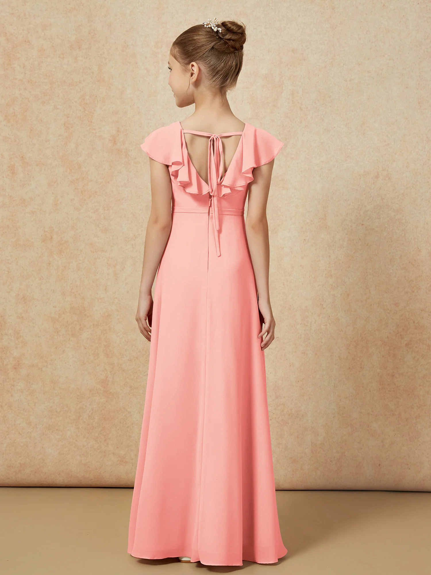Flutter Sleeves Chiffon A-Line Junior Bridesmaid Dresses Coral - Image 2